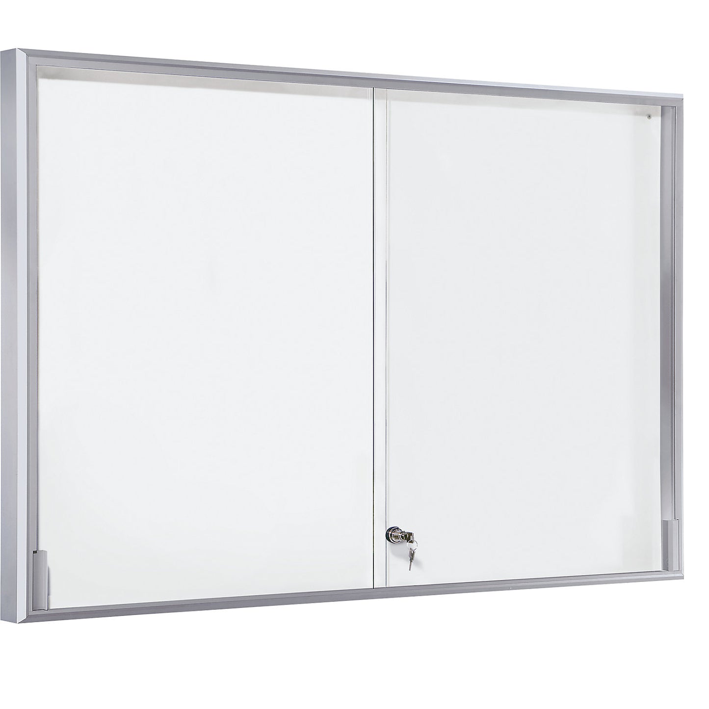 Display case, aluminium frame, sliding doors, 18 x A4, WxHxD 1330 x 970 x 50 mm, square frame corners.