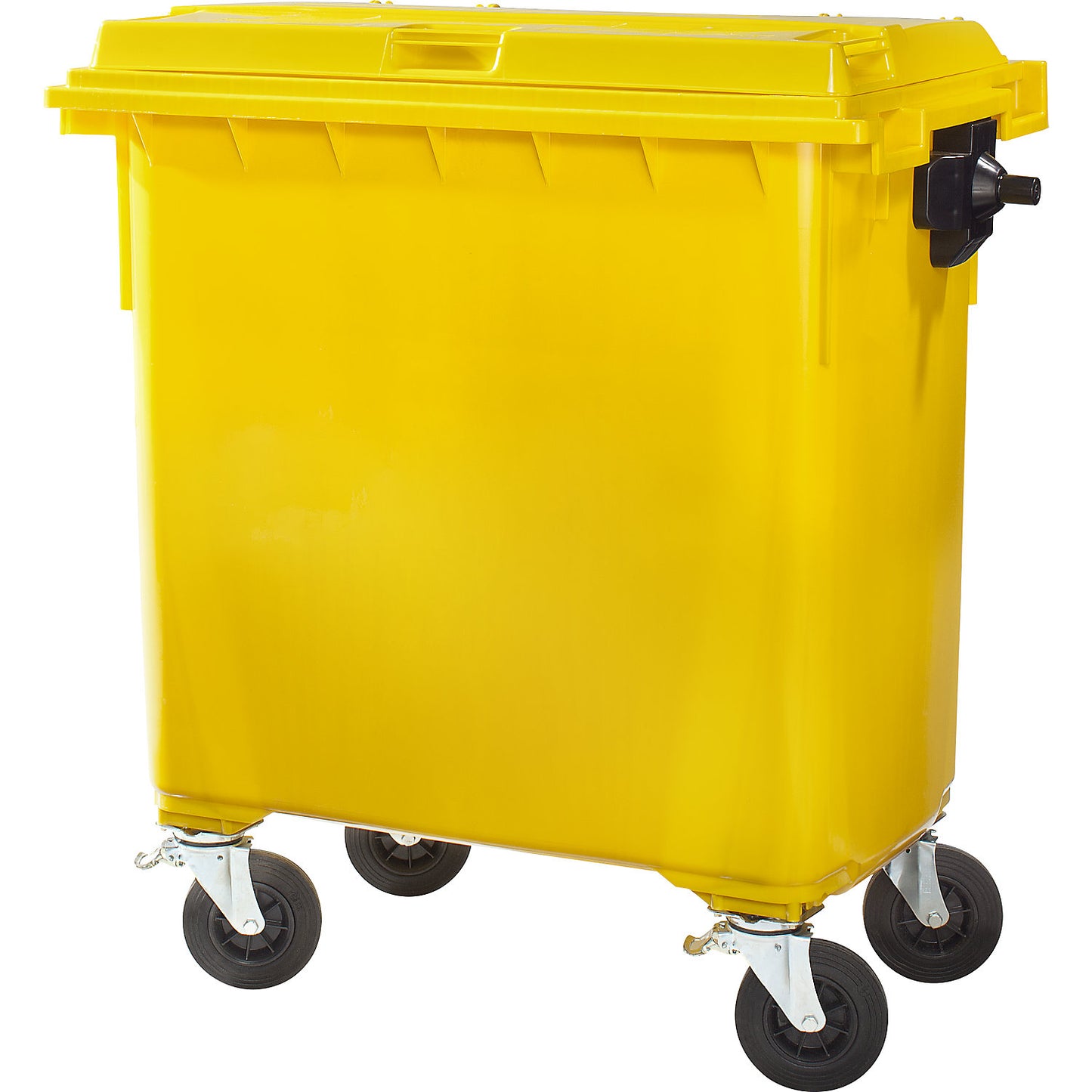Plastic waste container, DIN EN 840, capacity 660 l, WxHxD 1360 x 1235 x 765 mm, yellow.