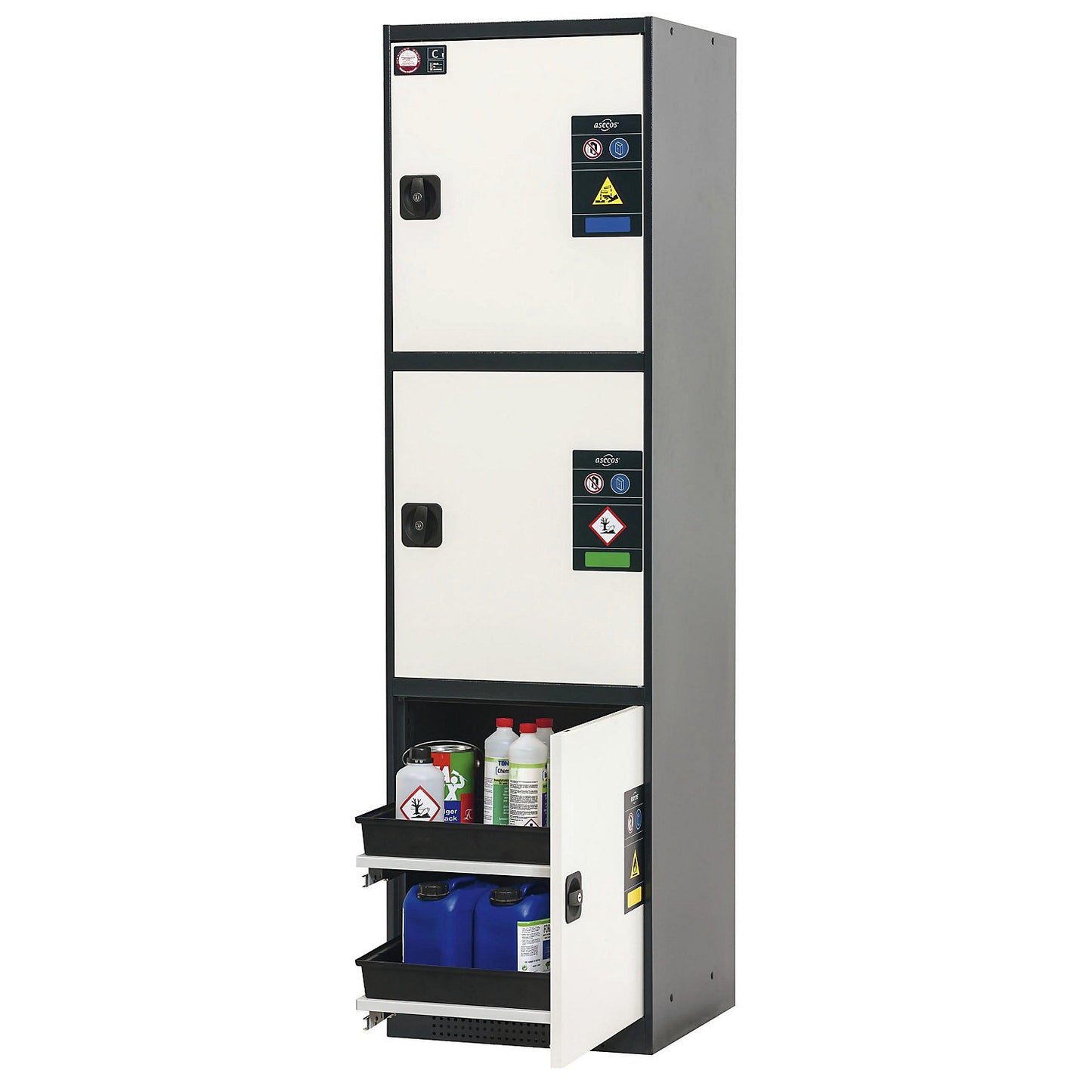 MULTIRISK chemical storage cupboard, 1 x 1 shelf, 1 base sump tray, 2 x 2 drawers, HxWxD 1950 x 540 x 520 mm, 3 compartments.
