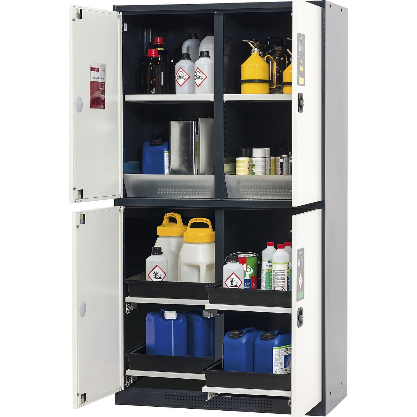 MULTIRISK chemical storage cupboard, 2 x 1 shelf, 1 base sump tray, 2 x 2 drawers, HxWxD 1950 x 1055 x 520 mm, 4 compartments.