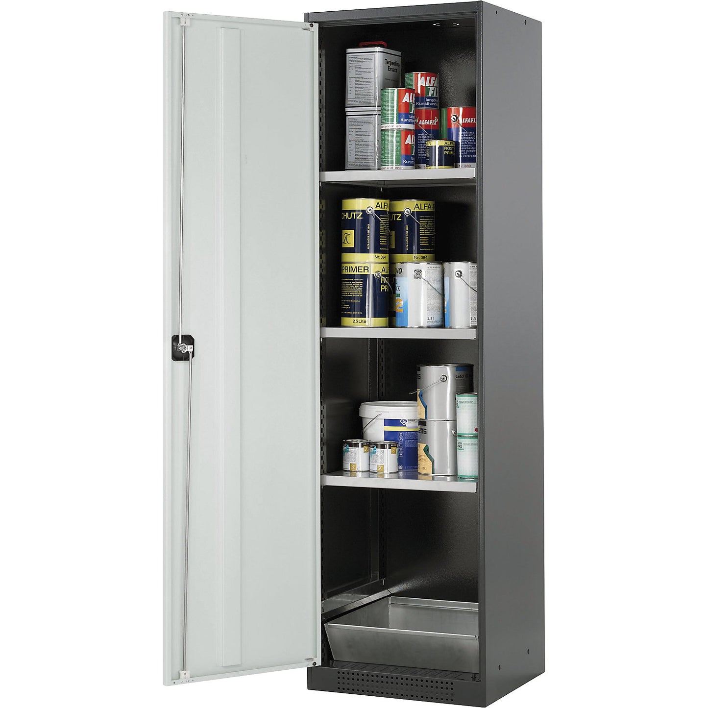 Laboratory chemical storage cupboard, 1 door, tall, 3 shelves, without vision panel, grey.