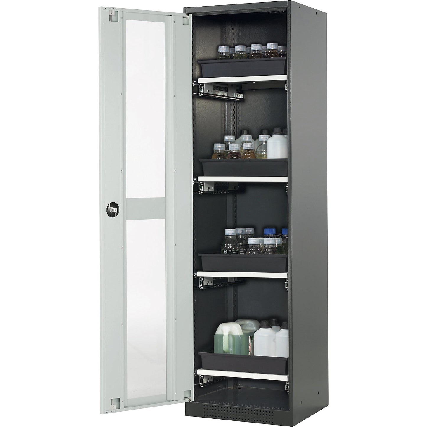 Laboratory chemical storage cupboard, 1 door, tall, 4 drawers, with vision panel, grey.