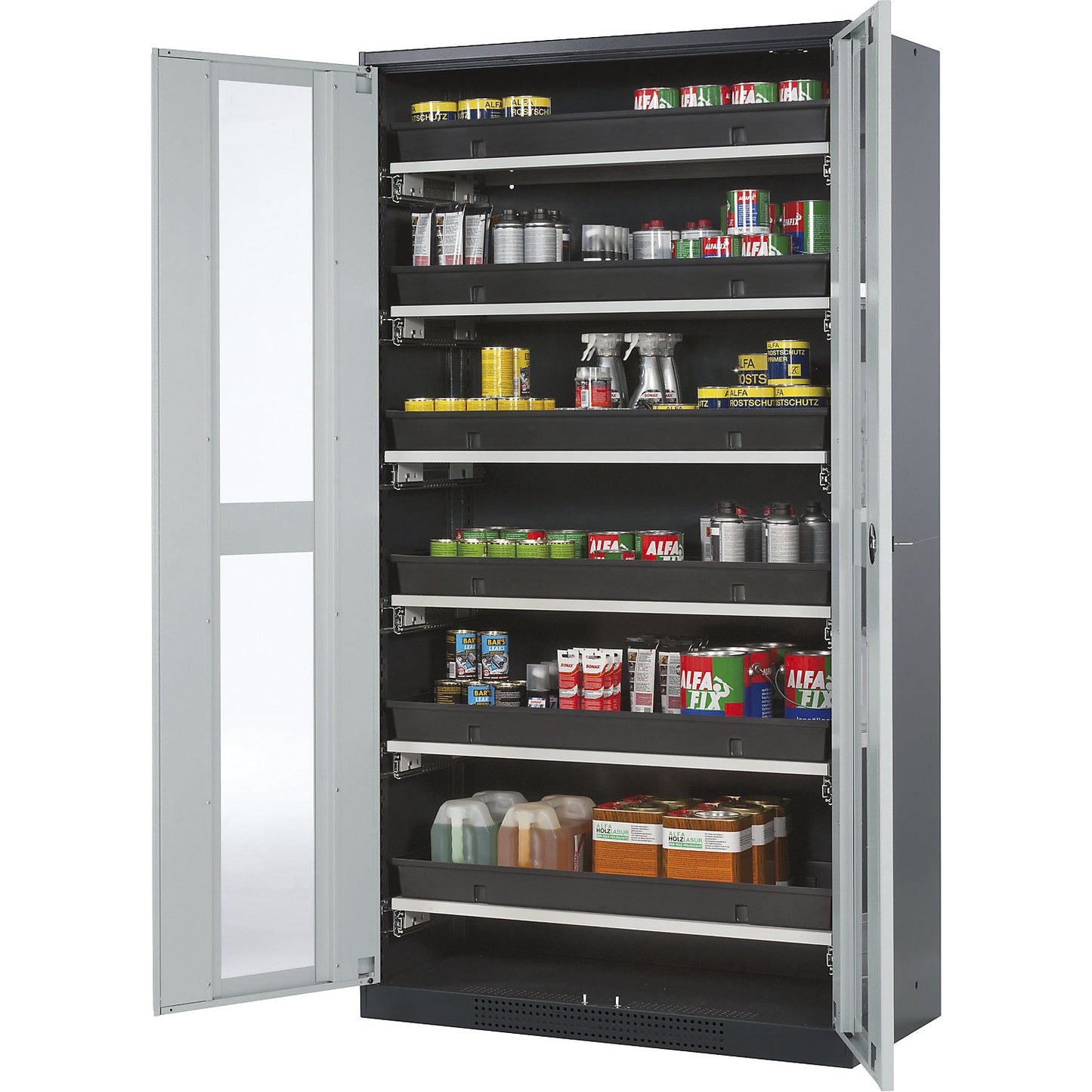 Laboratory chemical storage cupboard, 2 door, tall, 6 drawers, with vision panel, grey.