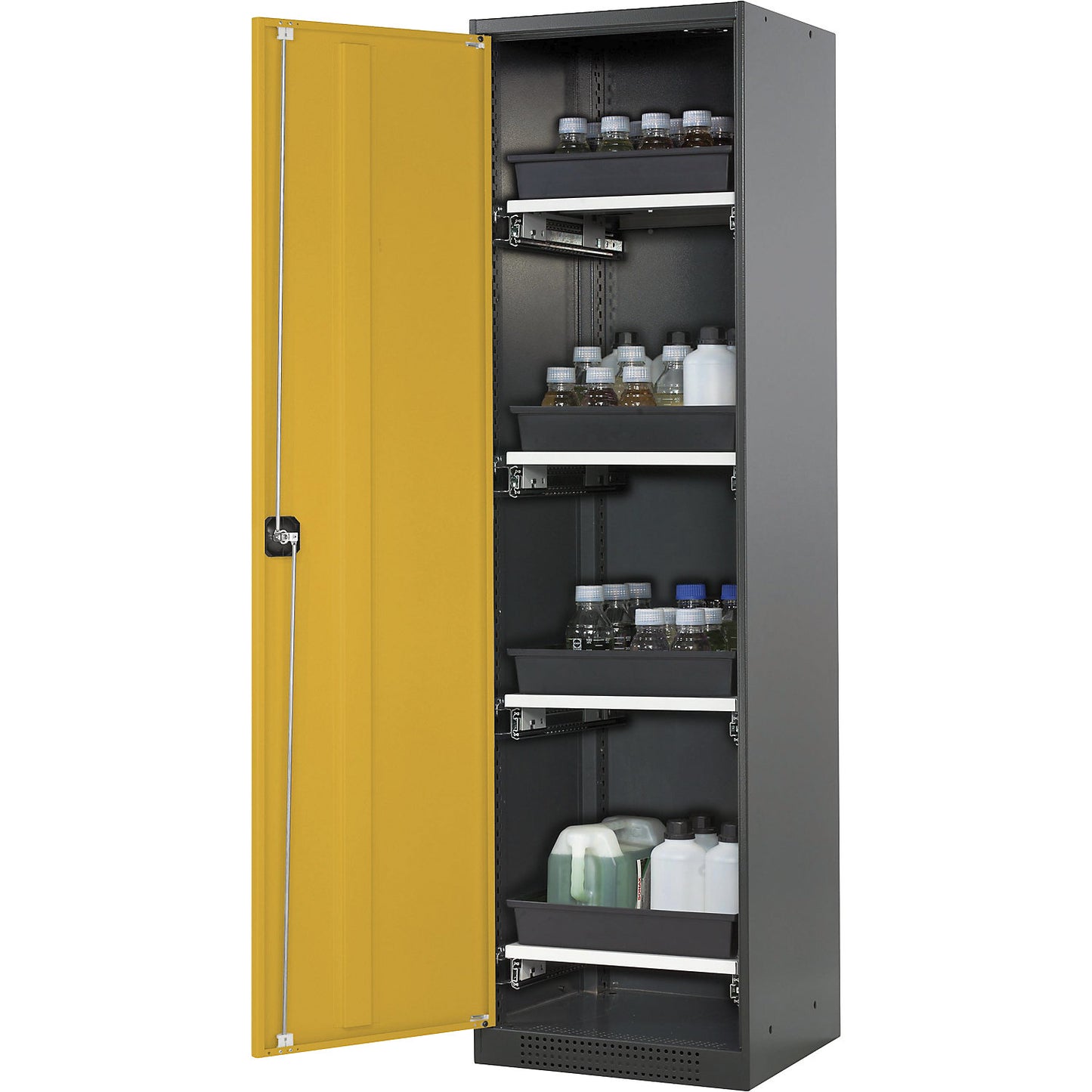Laboratory chemical storage cupboard, 1 door, tall, 4 drawers, without vision panel, yellow.