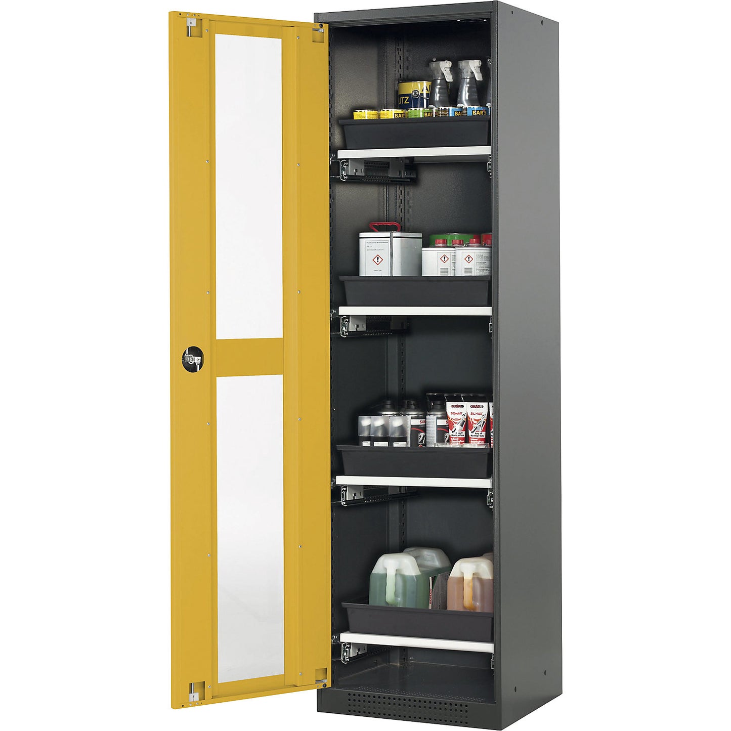 Laboratory chemical storage cupboard, 1 door, tall, 4 drawers, with vision panel, yellow.