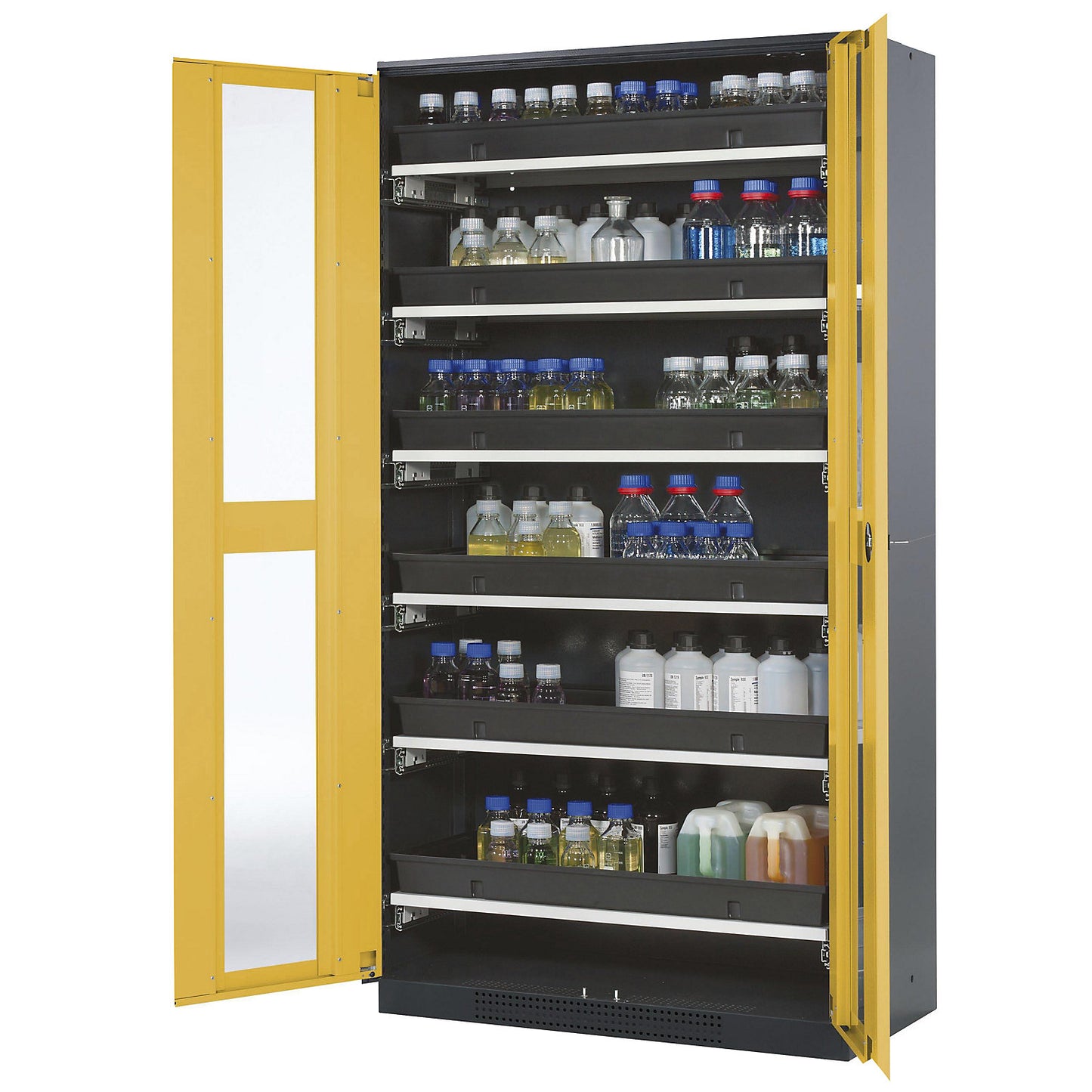 Laboratory chemical storage cupboard, 2 door, tall, 6 drawers, with vision panel, yellow.