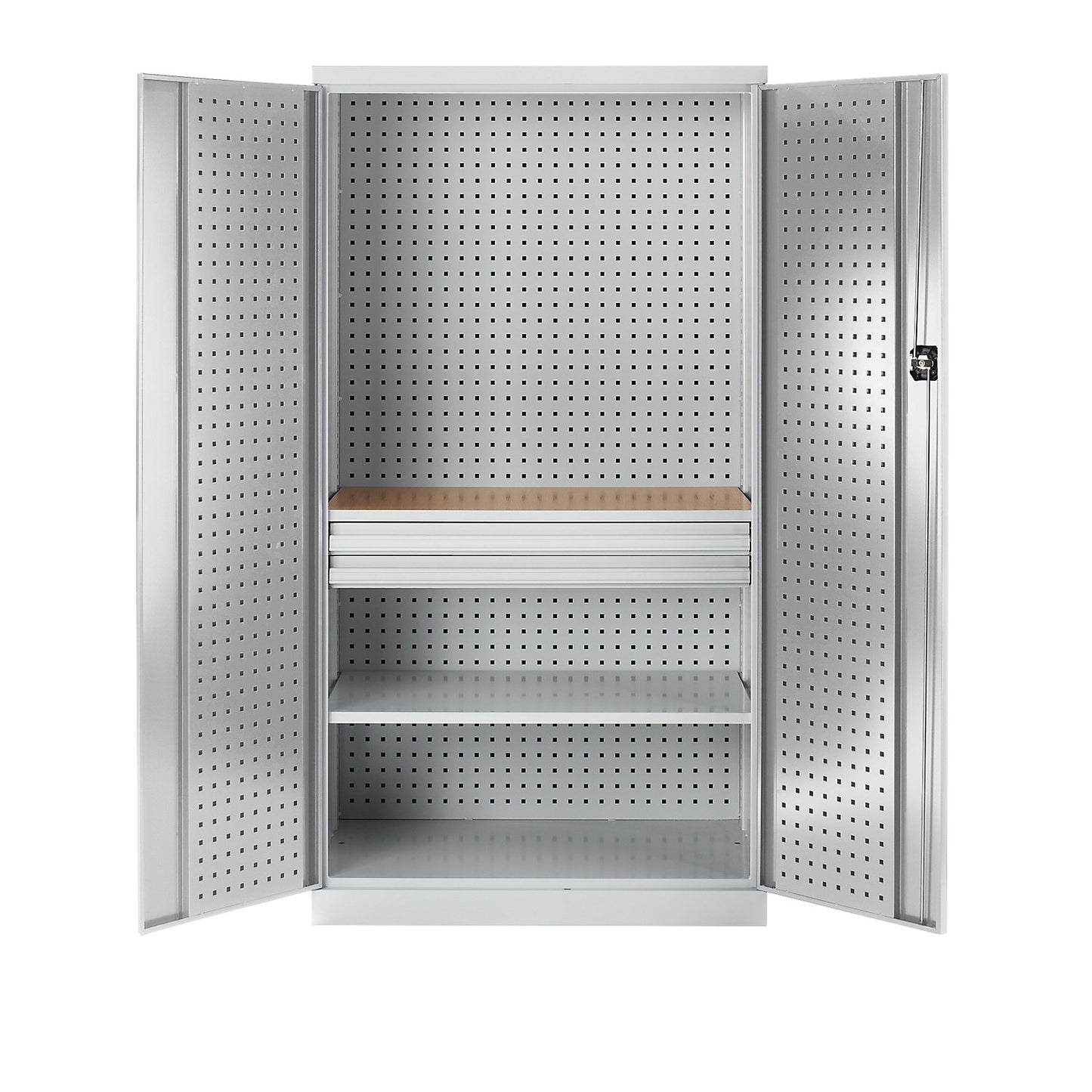 Tool cupboard with perforations, 2 drawers, 1 shelf, 1 worktop, light grey doors.