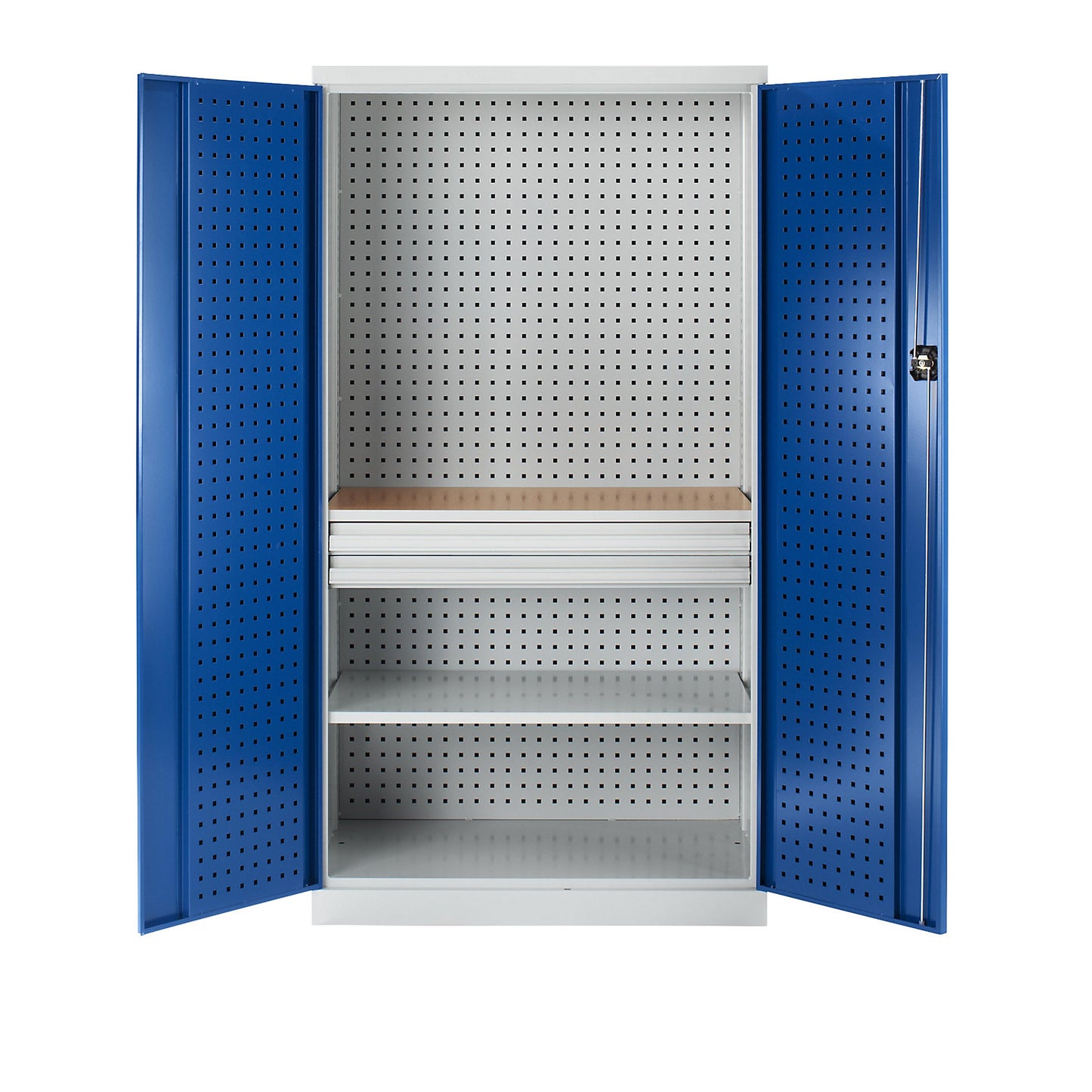 Tool cupboard with perforations, 2 drawers, 1 shelf, 1 worktop, gentian blue doors.