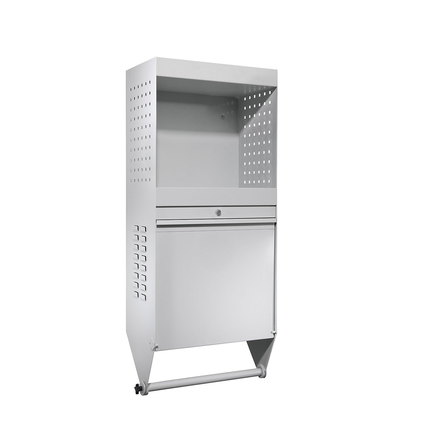 Wall mounted cupboard for tools, with folding work surface, max. reach 720 mm.