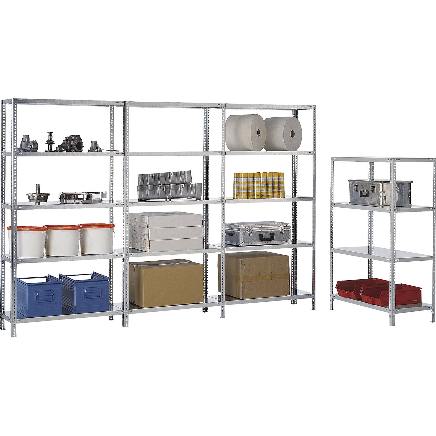Storage bolt-together shelving, medium-duty, double-sided, HxWxD 2500 x 1000 x 500 mm, zinc plated, standard shelf unit.