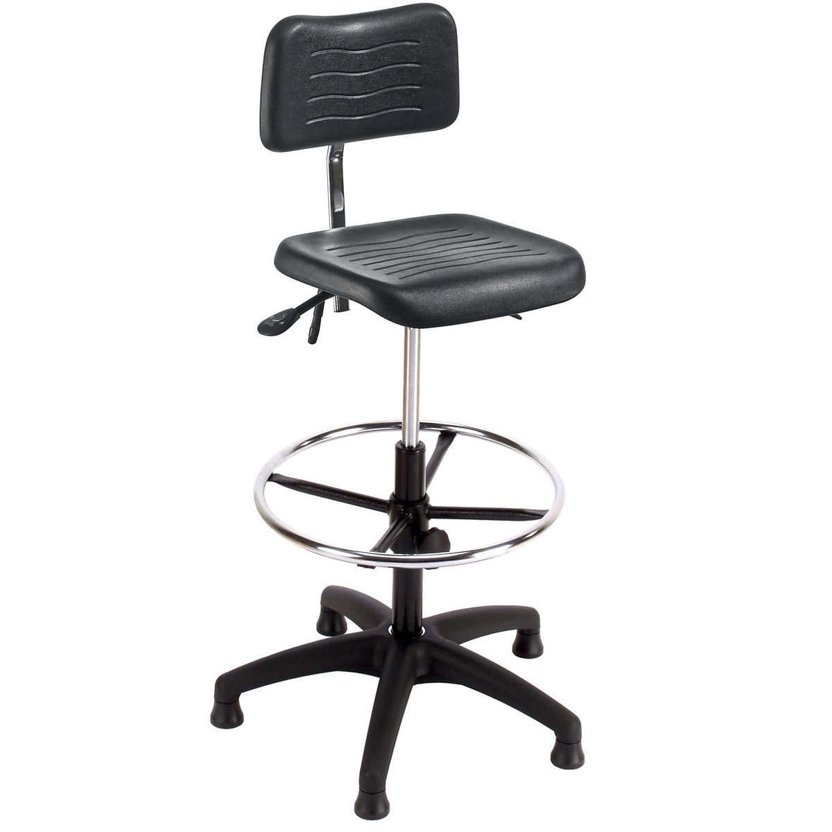 PU foam industrial swivel chair, with floor glides and foot ring, height adjustment range 620 - 870 mm.