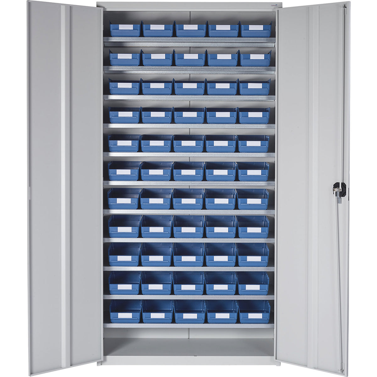 Storage cupboard, HxWxD 1970 x 1000 x 450 mm, with shelf bins, 55 bins, blue.
