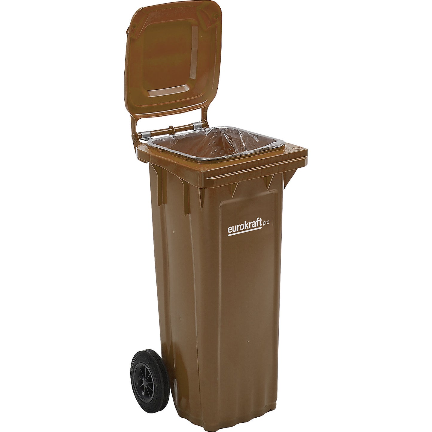 Plastic waste bin DIN EN 840, capacity 80 l, WxHxD 448 x 932 x 514 mm, brown.