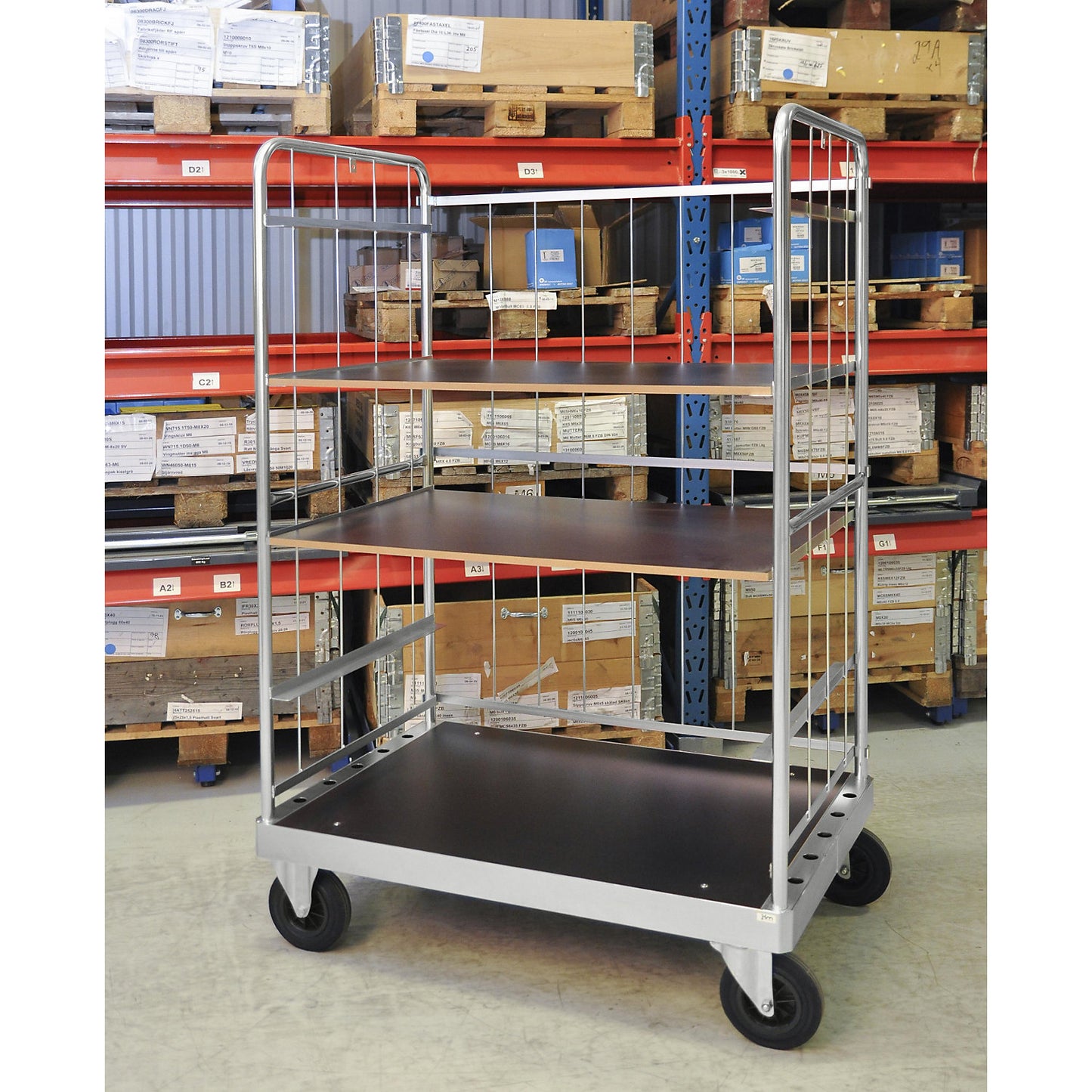 Multi-shelf truck, zinc plated, LxWxH 1000 x 700 x 1900 mm, 3 shelves, swivel castors with stops.
