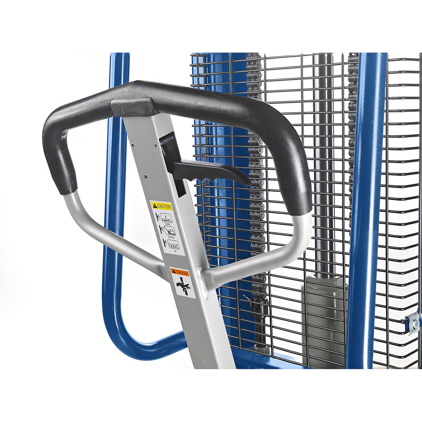 High lift stacker, lifting range 90 - 1600 mm, max. load 1600 kg, overall height 2080 mm.