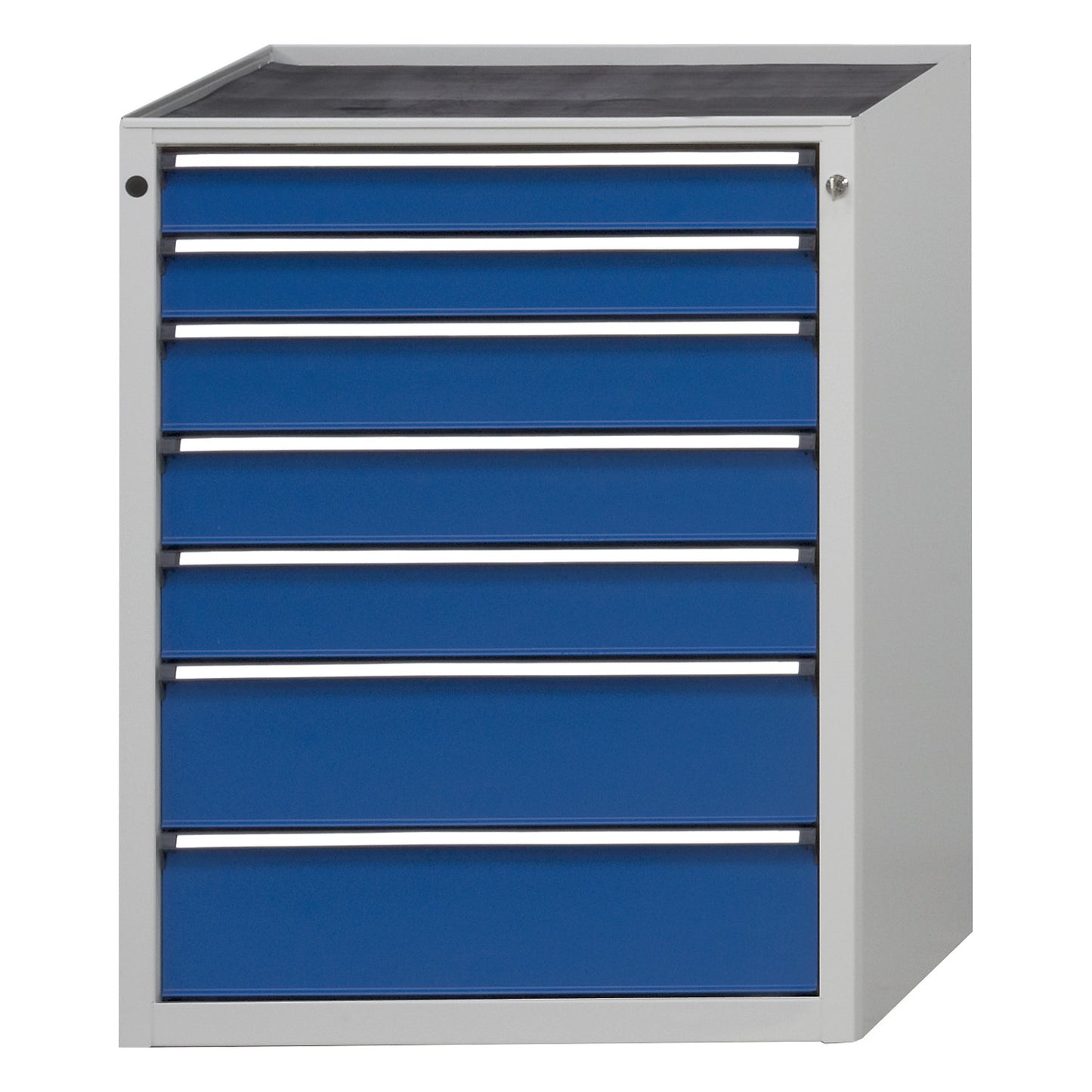 Drawer cupboard without worktop, width 760 mm, max. drawer load 200 kg, 7 drawers, front in gentian blue.