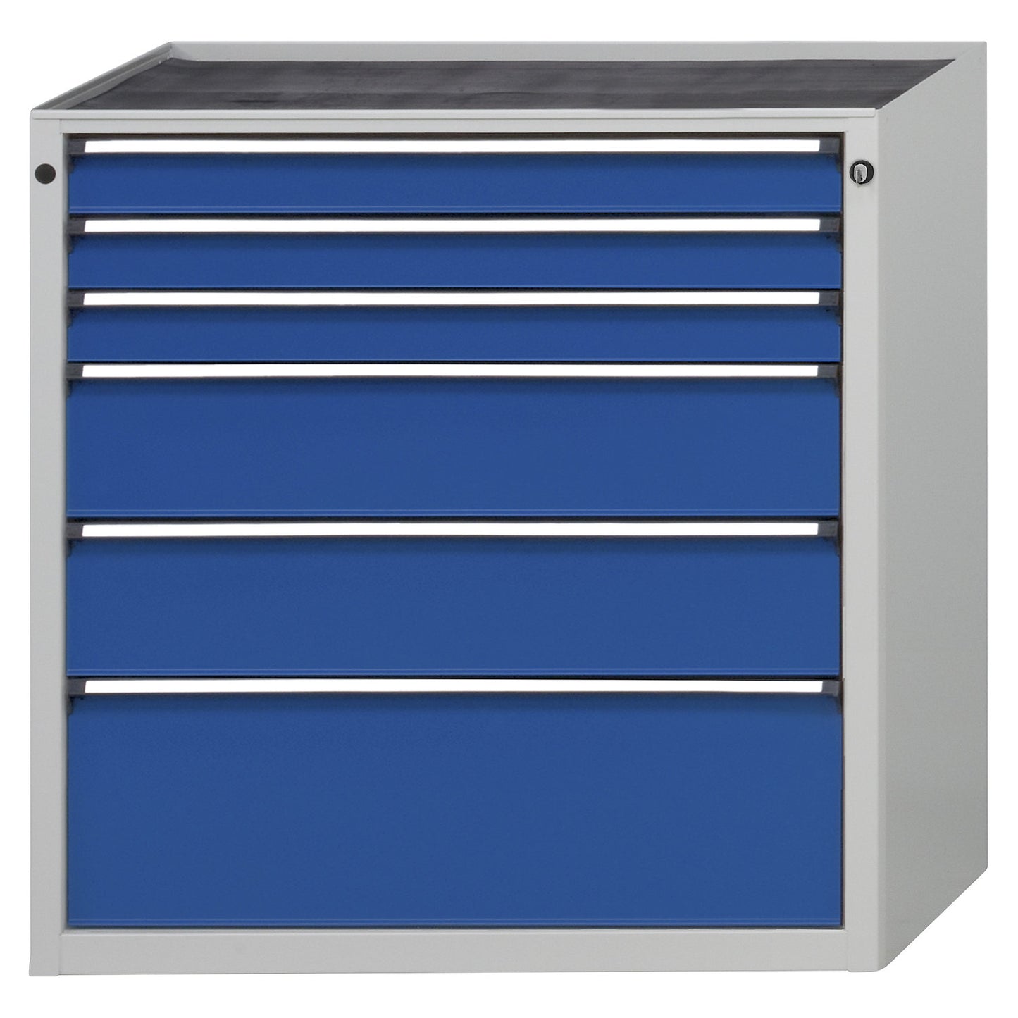 Drawer cupboard without worktop, width 910 mm, max. drawer load 200 kg, 6 drawers, front in gentian blue.