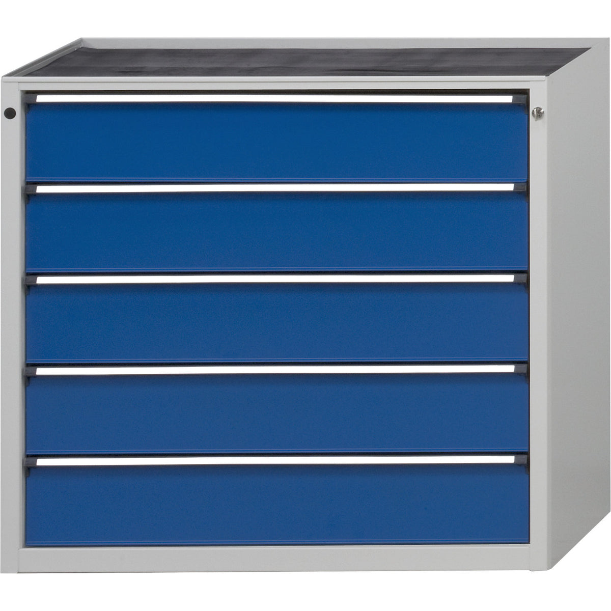 Drawer cupboard without worktop, width 1060 mm, max. drawer load 200 kg, 5 drawers, front in gentian blue.