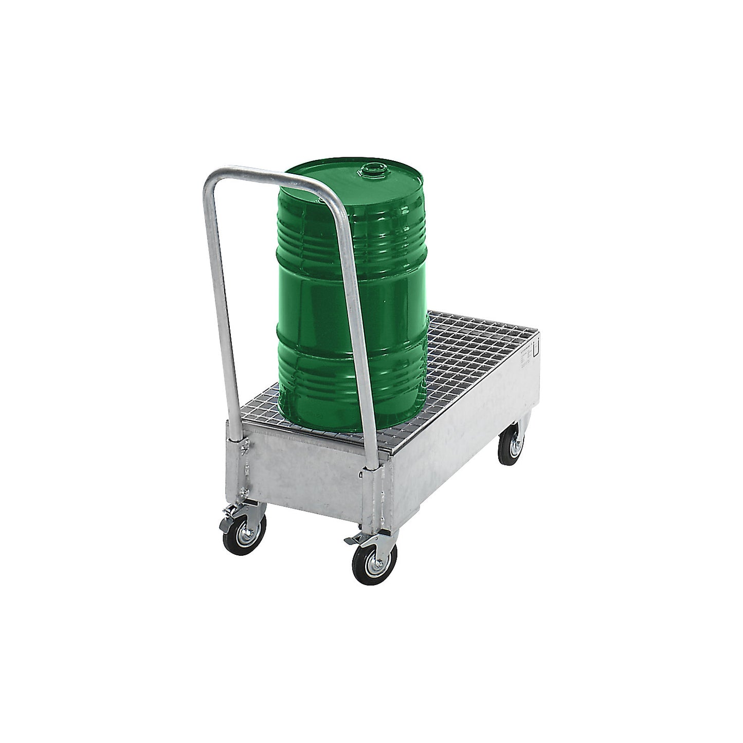 Mobile sump tray made of sheet steel, LxW 800 x 500 mm, 2 x 60 l vertical drums, hot dip galvanised.