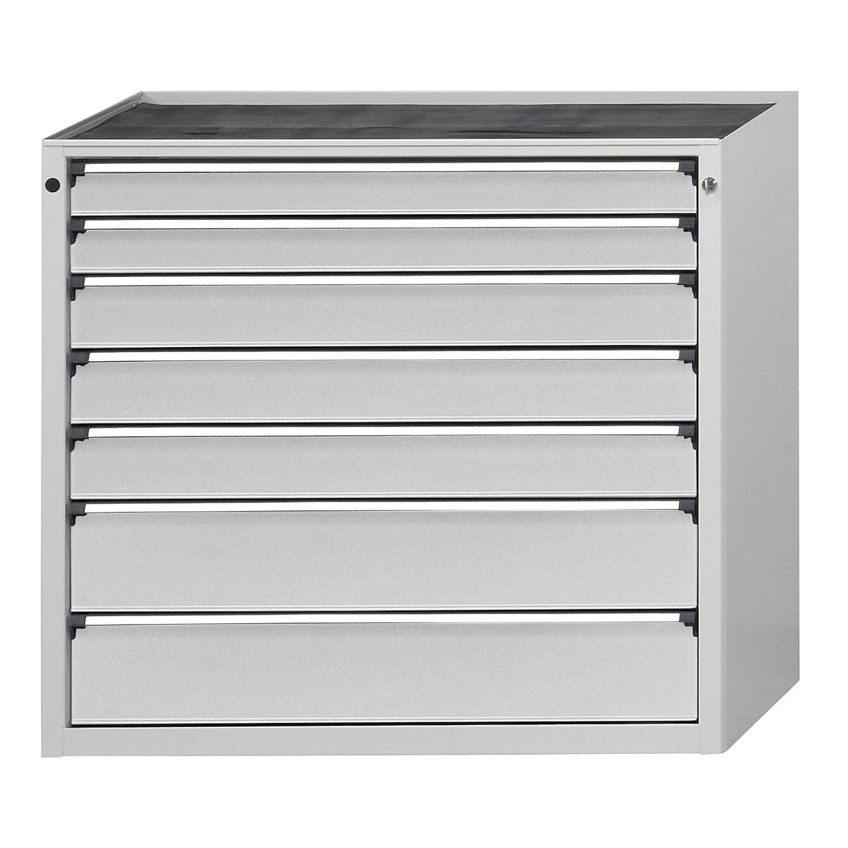 Drawer cupboard without worktop, width 1060 mm, max. drawer load 200 kg, 7 drawers, front in light grey.