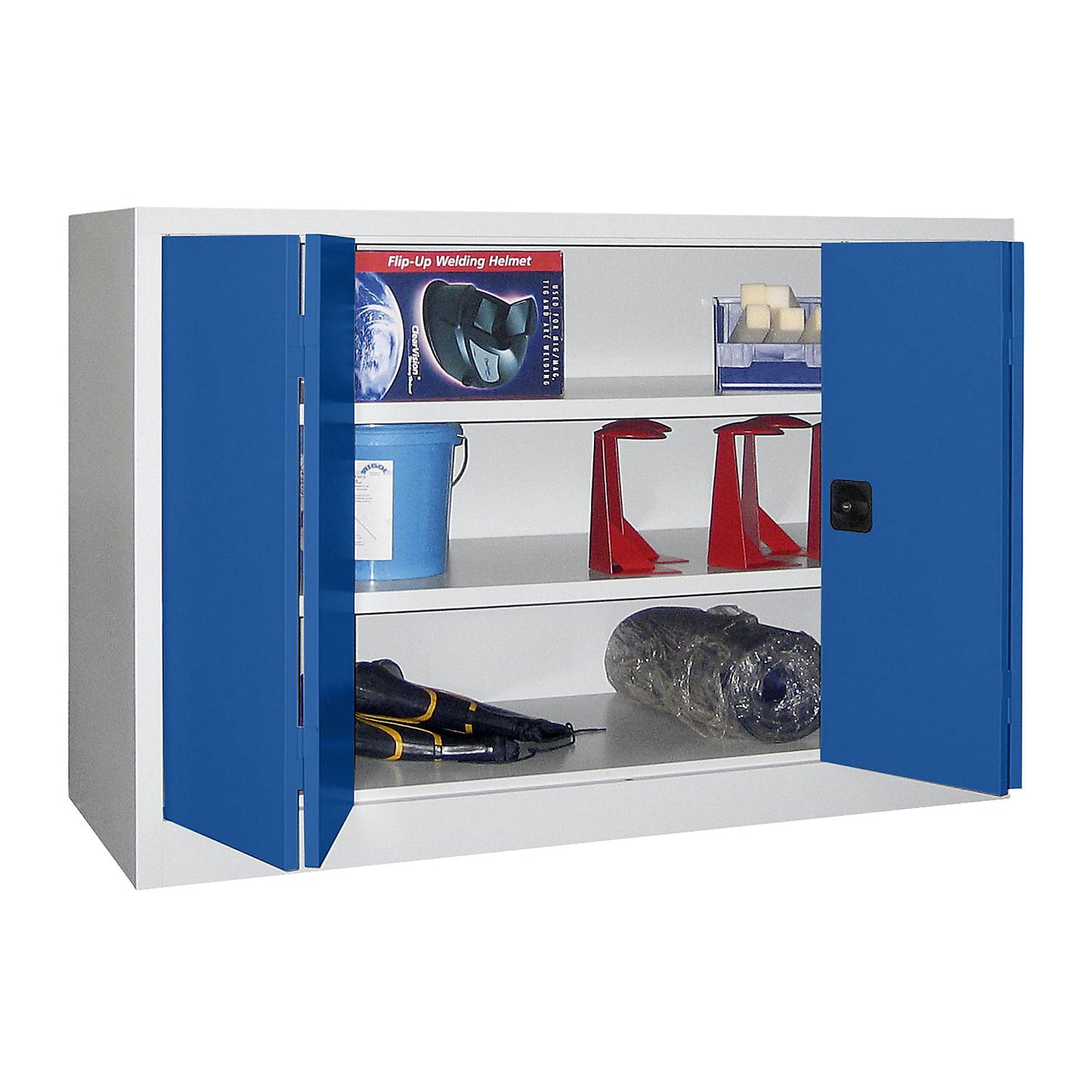 Cupboard with folding doors, height 1000 mm, width 1500 mm, depth 500 mm, grey/blue.