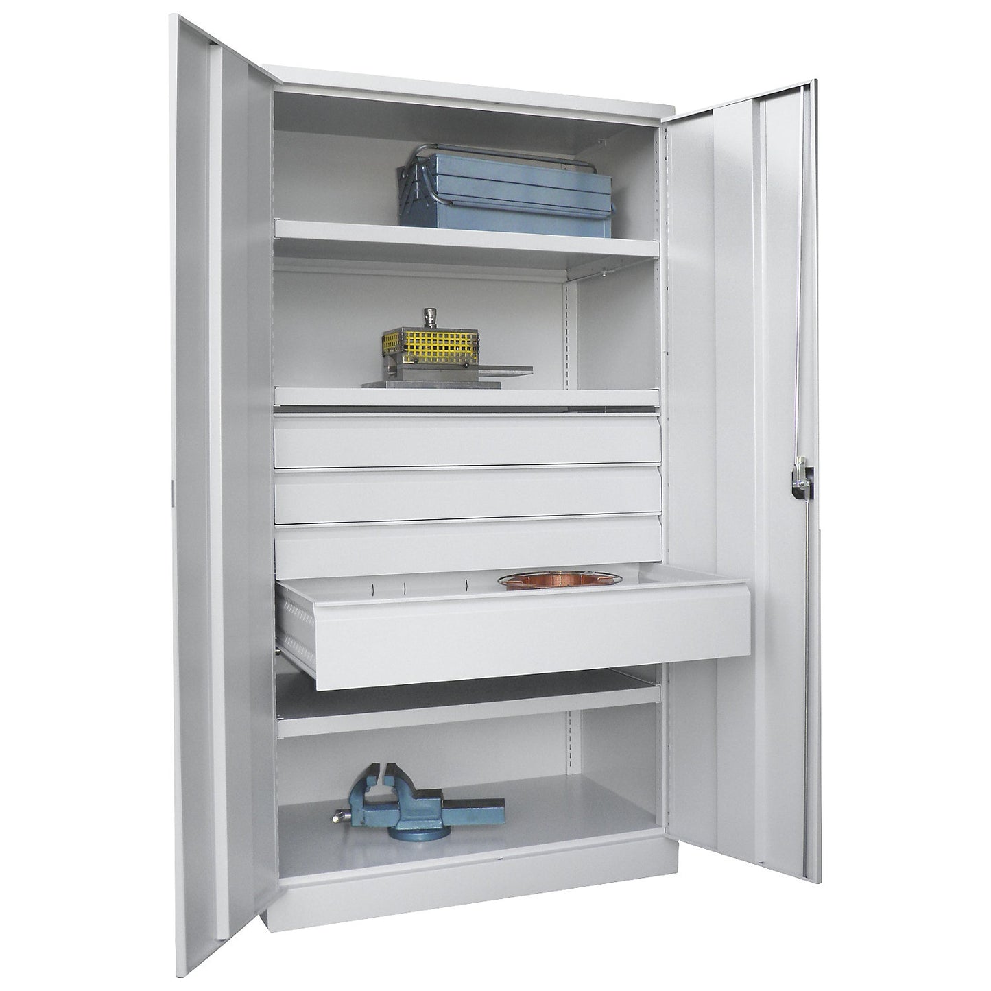 Heavy duty cupboard, height 1950 mm, 3 shelves, 4 drawers, grey.