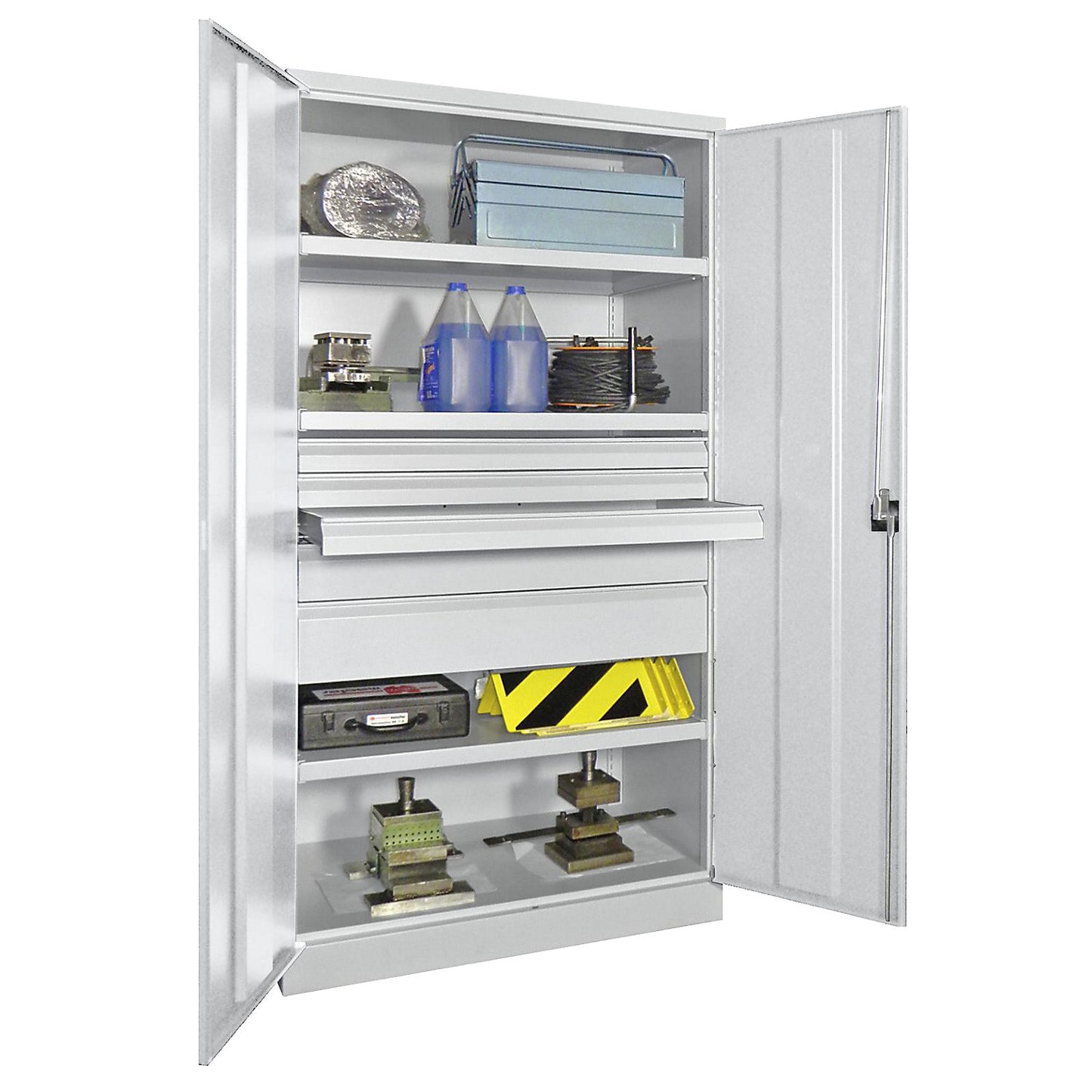 Heavy duty cupboard, height 1950 mm, 3 shelves, 5 drawers, grey.