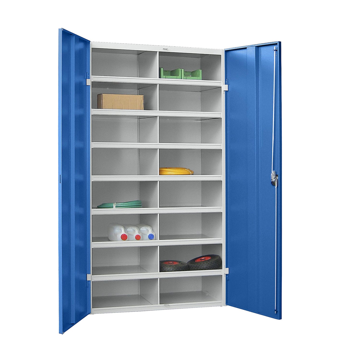 Bin units, 16 compartments, with doors, grey / blue.