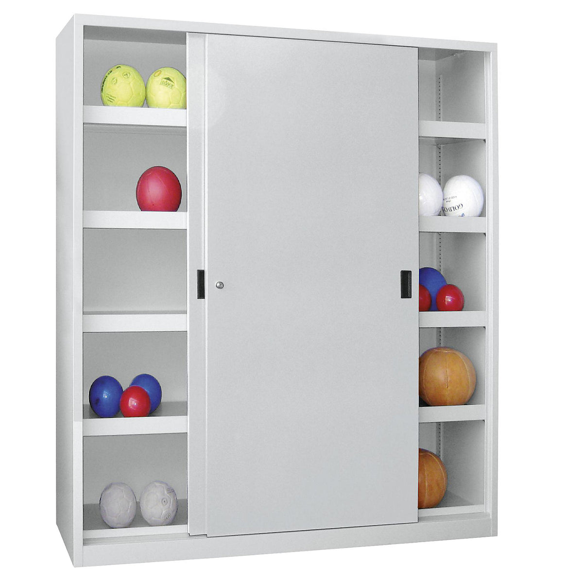 Sliding door ball cupboard, height 1950 mm, with solid panel doors, width 1500 mm, grey.
