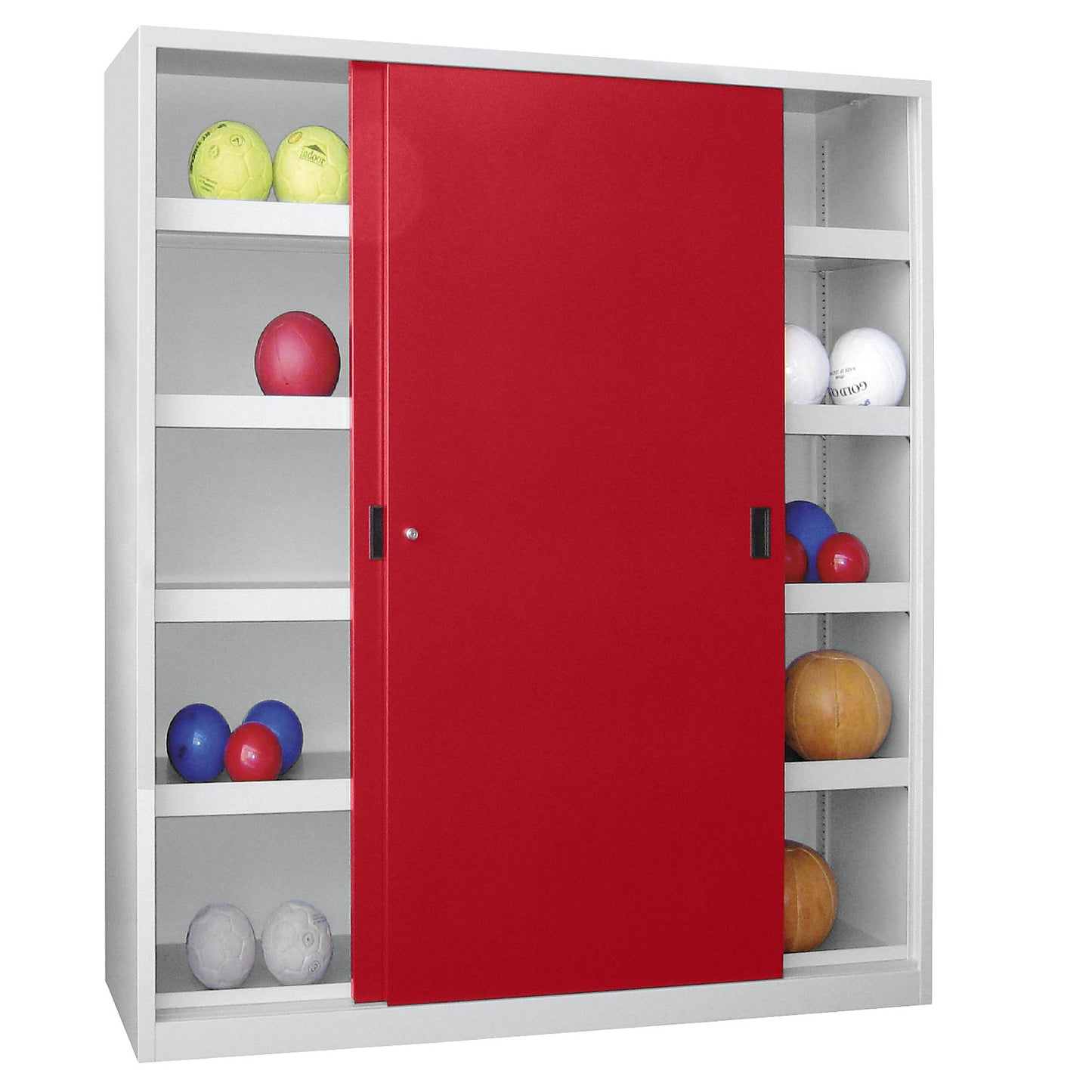 Sliding door ball cupboard, height 1950 mm, with solid panel doors, width 1500 mm, grey / red.