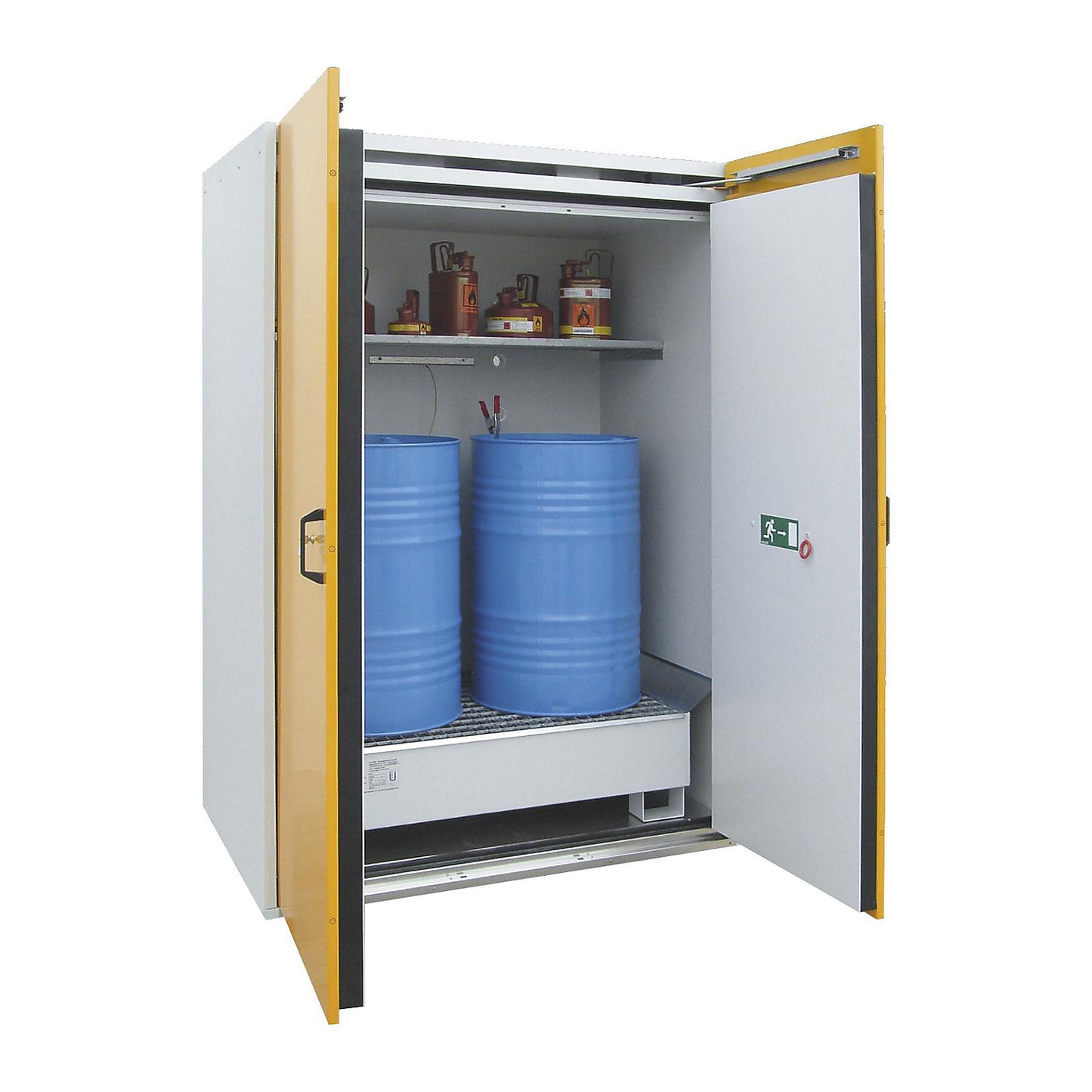 Type 90 drum cupboard, fire resistant, 2 x 200 l drums, removable sump tray, HxWxD 2200 x 1550 x 1025 mm.