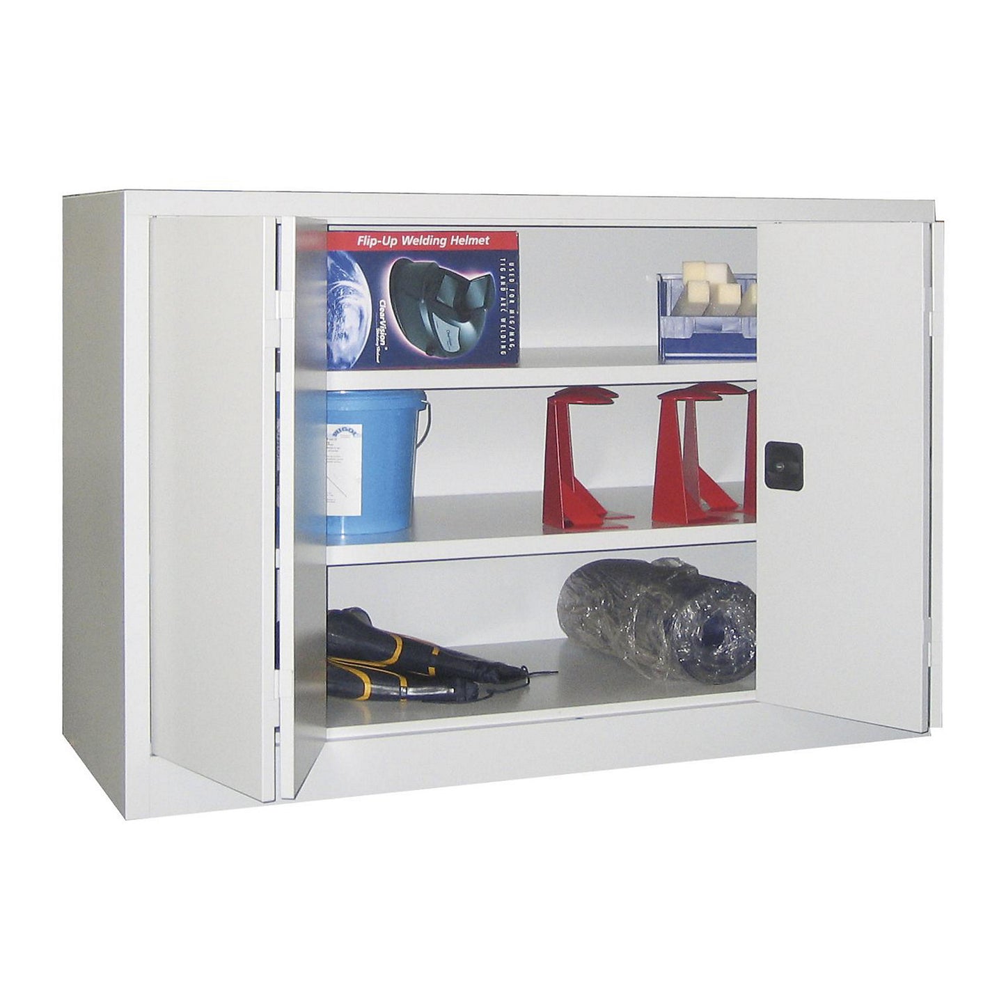 Cupboard with folding doors, height 1000 mm, width 1500 mm, depth 500 mm, grey.