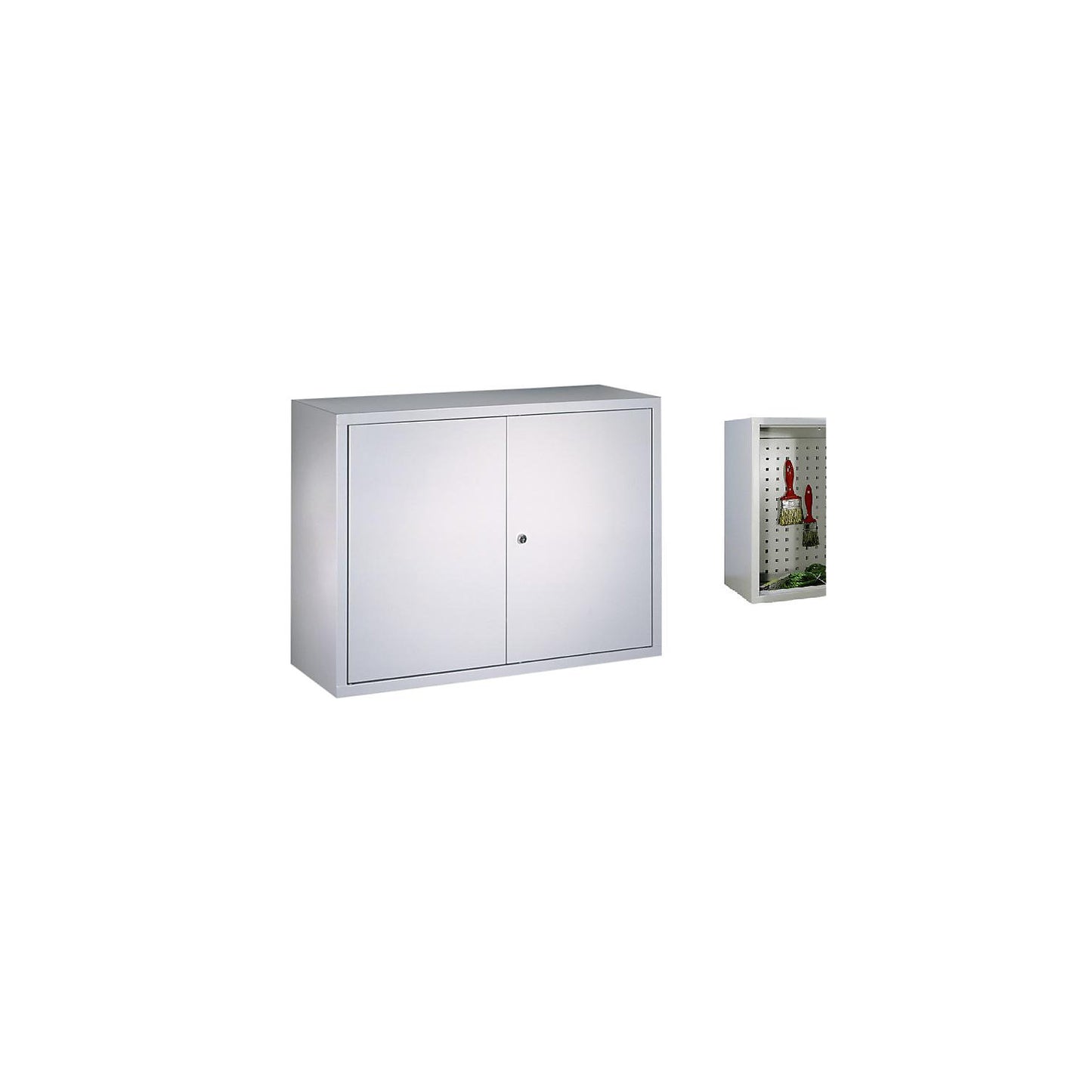 Wall mounted cupboard, height 600 mm, with solid panel door/s, width 800 mm, perforated rear panel, grey.
