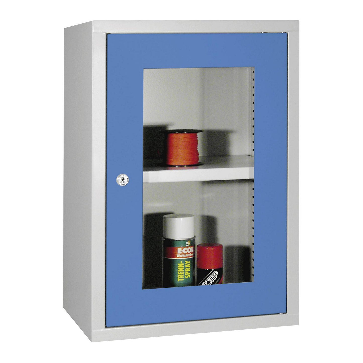Wall mounted cupboard, height 600 mm, with vision panel door/s, width 400 mm, solid rear panel, grey / blue.