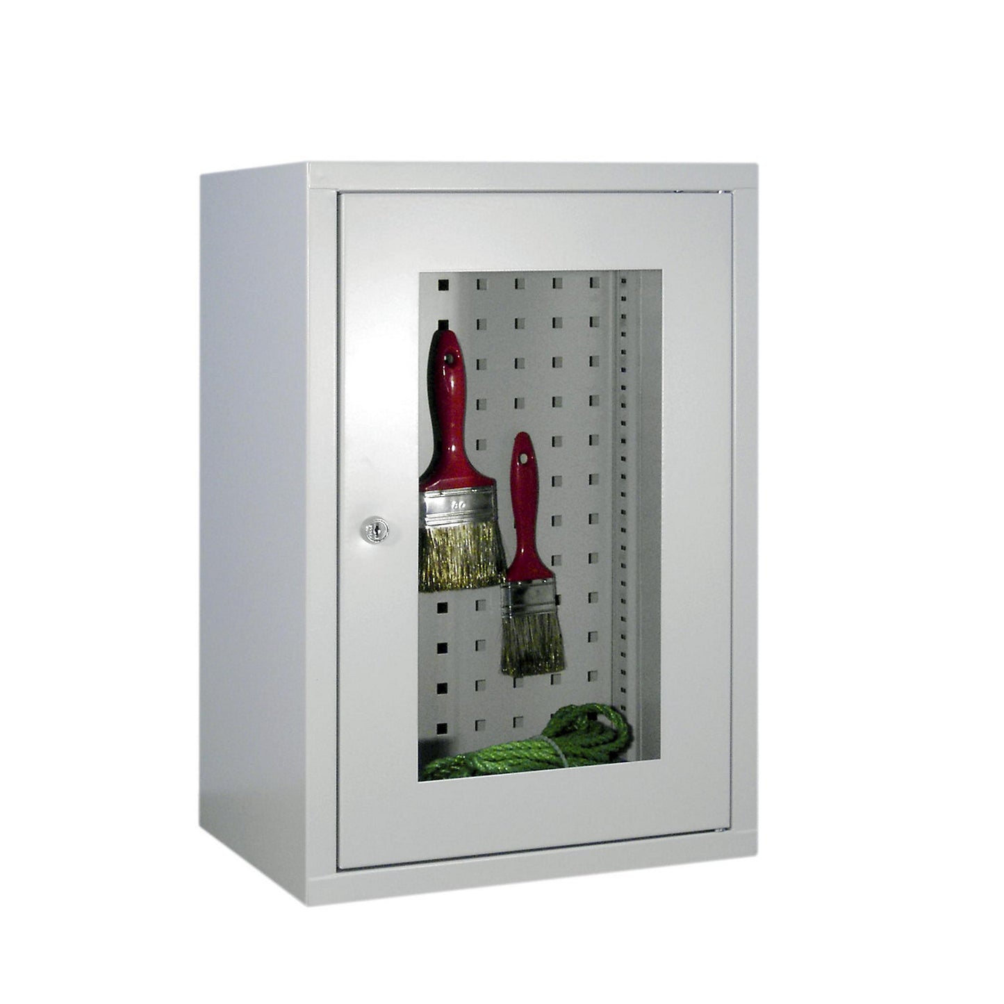 Wall mounted cupboard, height 600 mm, with vision panel door/s, width 400 mm, perforated rear panel, grey.
