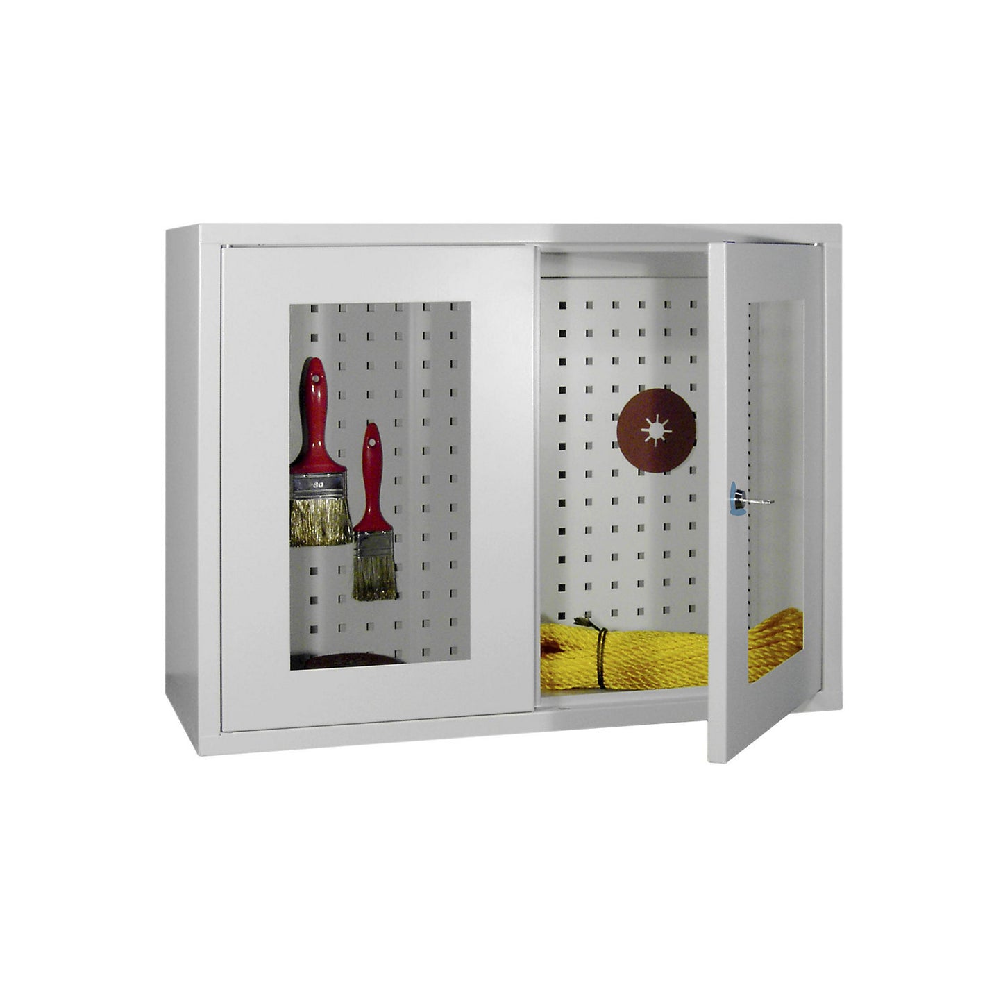 Wall mounted cupboard, height 600 mm, with vision panel door/s, width 800 mm, perforated rear panel, grey.