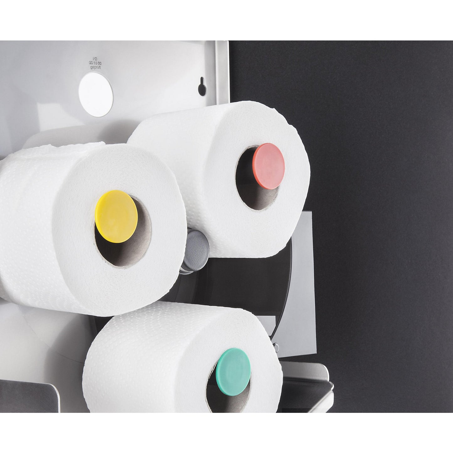Duplex toilet paper dispenser, for 1 large roll or 3 standard household rolls, brushed stainless steel.