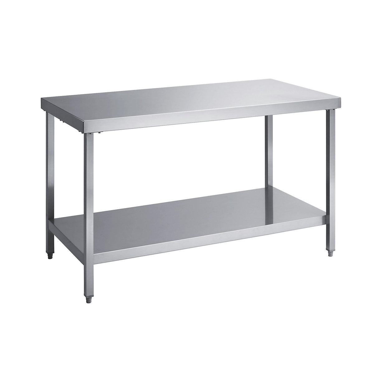 Stainless steel work table, working height 850 mm, WxD 1400 x 700 mm, with shelf.