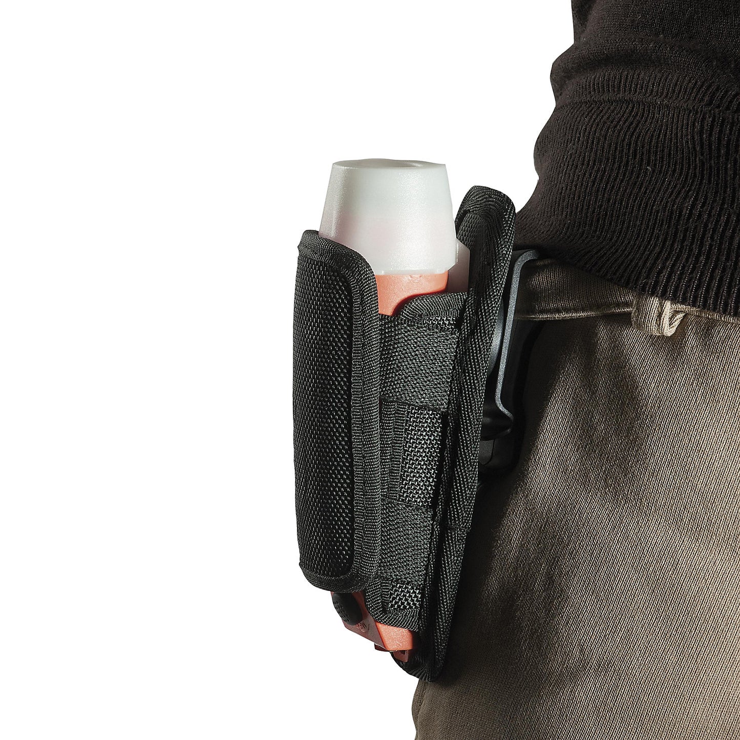 Holster, for safety helmet lamp, with reflective strips.
