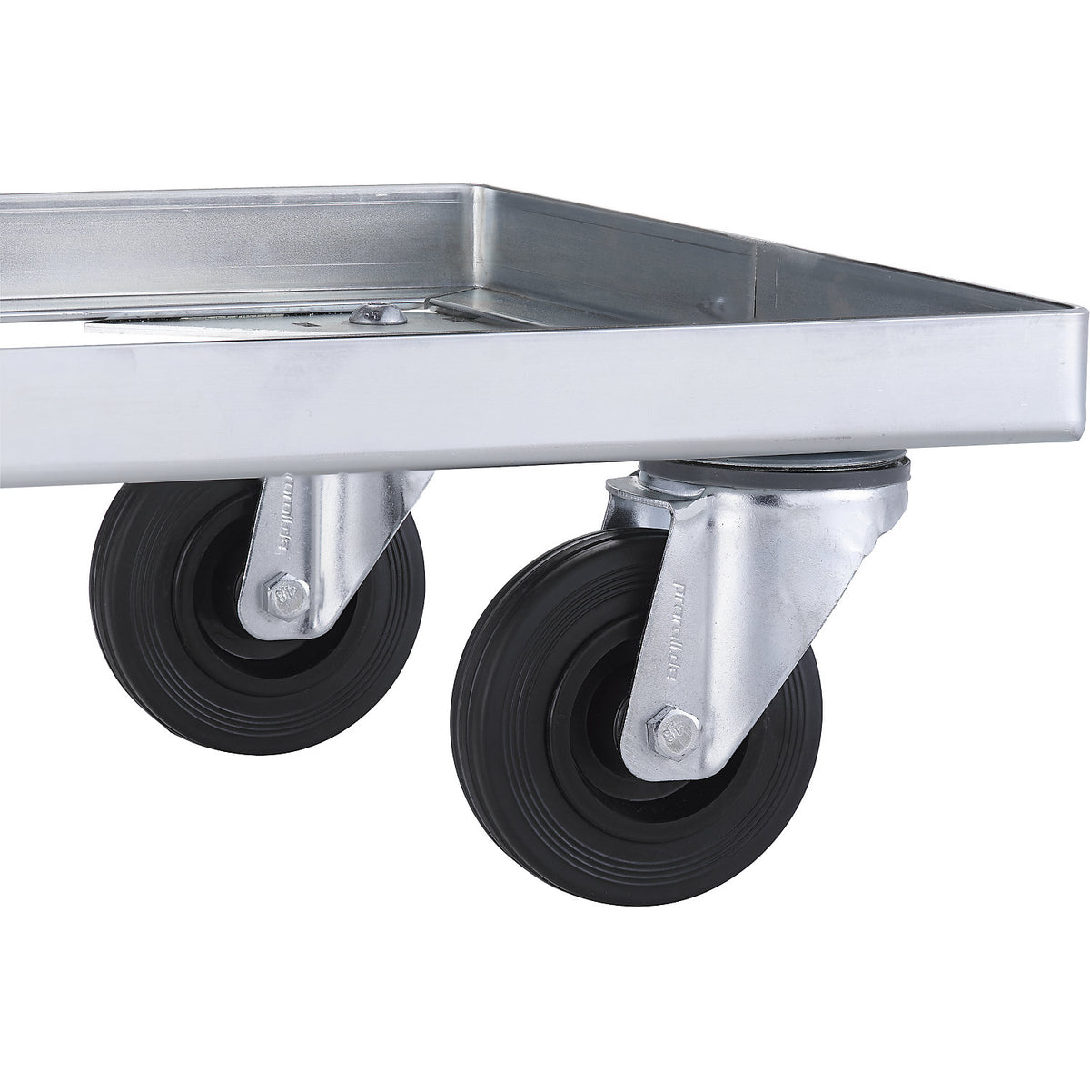 Steel wheeled base, with solid rubber tyres, max. load 250 kg, shelf 410 x 310 mm, zinc plated.