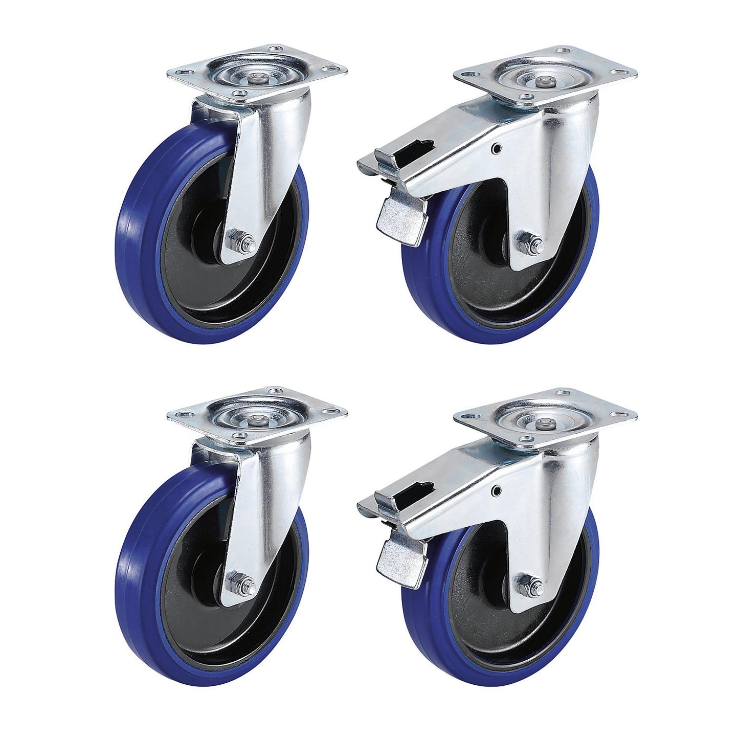 Set of full-elastic tyres on plastic rims, 2 swivel castors, 2 swivel castors with double stops, wheel Ø x width 100 x 36 mm.