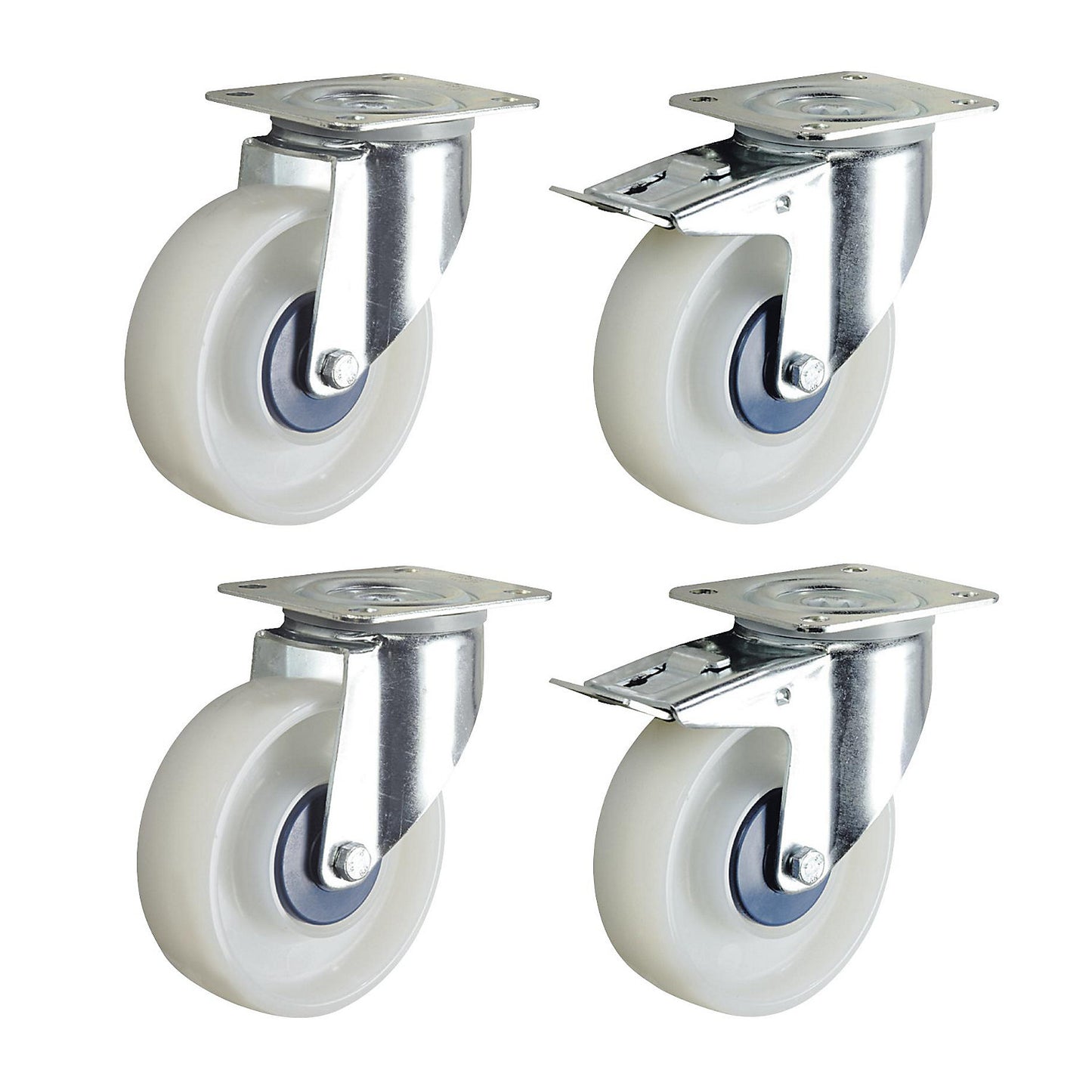 Nylon wheel set, white, 2 swivel castors, 2 swivel castors with double stops, wheel Ø x width 125 x 40 mm.