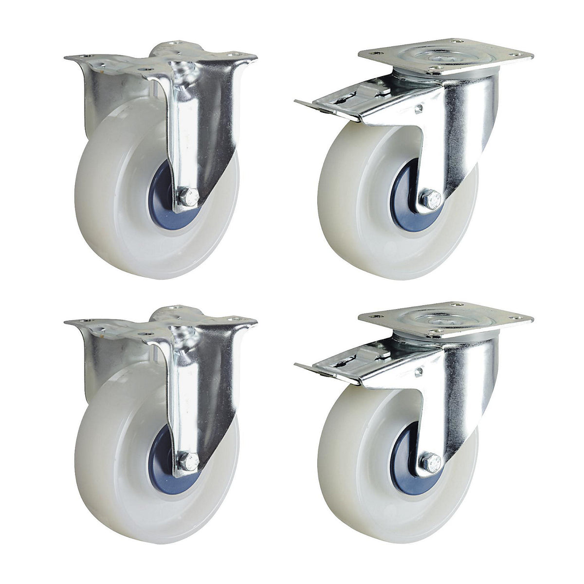 Nylon wheel set, white, 2 swivel castors with double stops, 2 fixed castors, wheel Ø x width 125 x 40 mm.