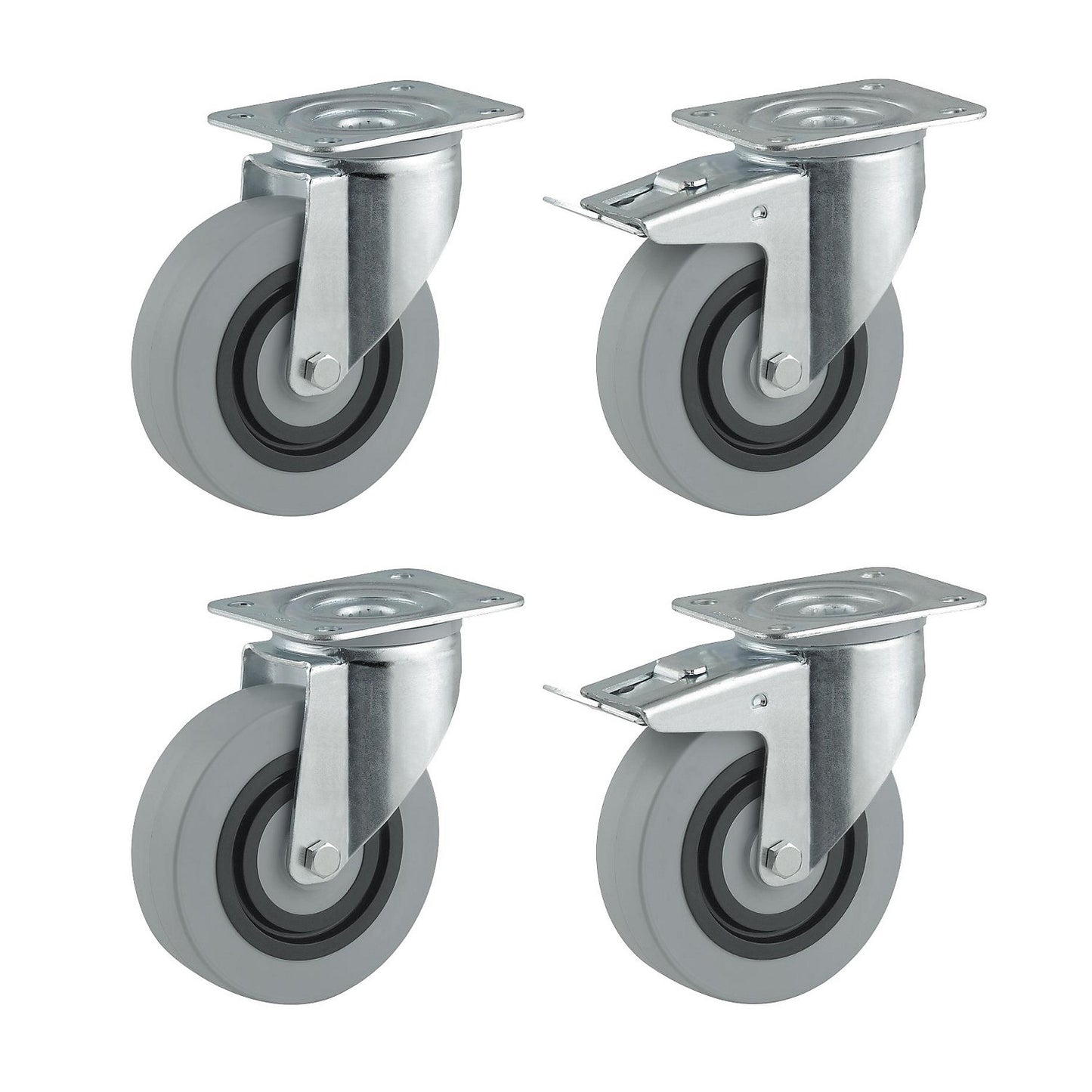 Nylon wheel set, grey, 2 swivel castors, 2 swivel castors with double stops, wheel Ø x width 125 x 36 mm.