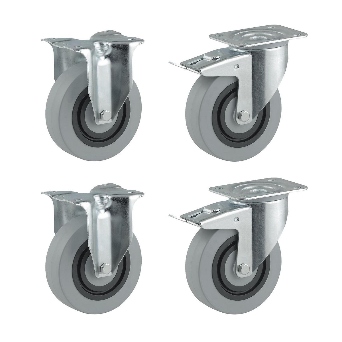 Nylon wheel set, grey, 2 swivel castors with double stops, 2 fixed castors, wheel Ø x width 100 x 36 mm.