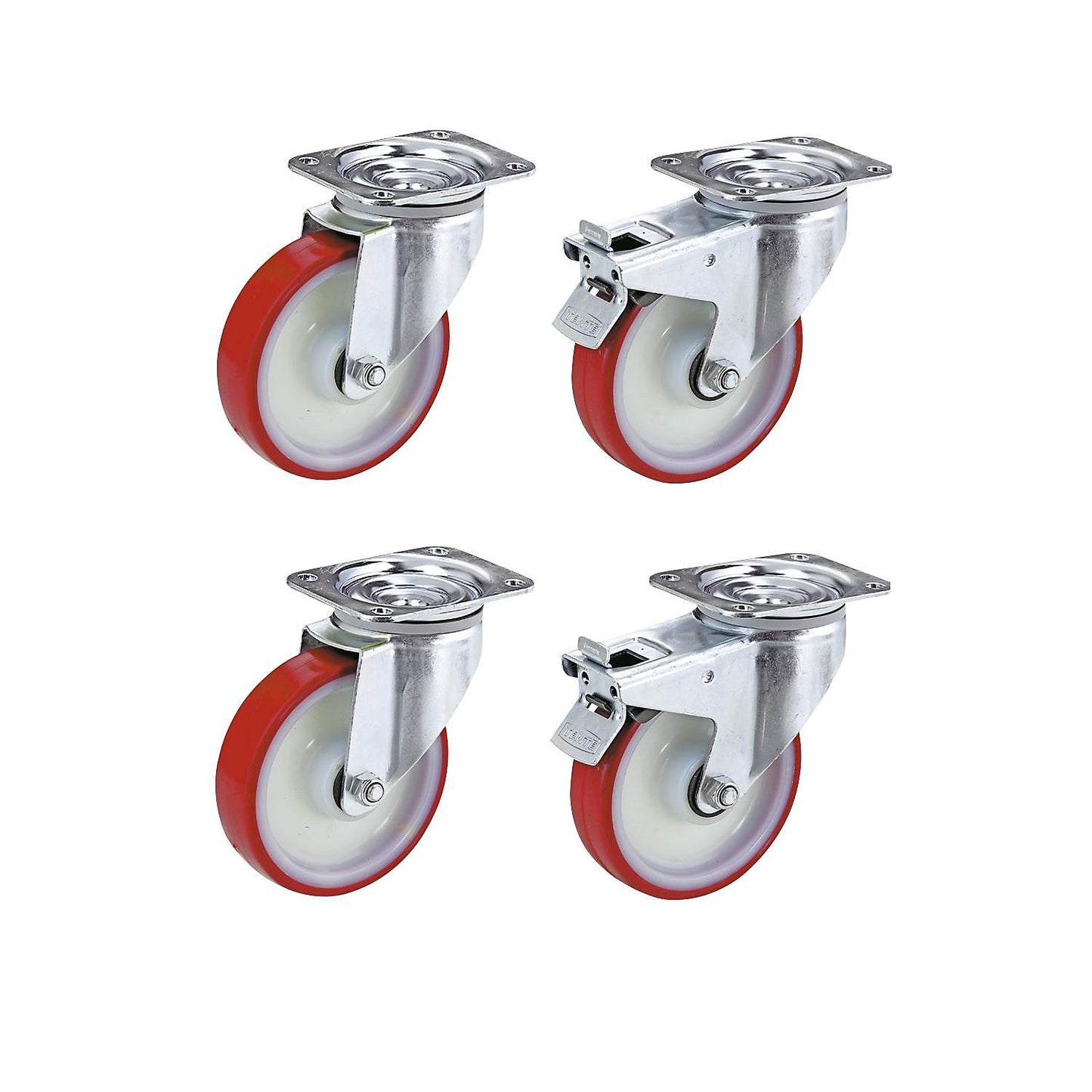 Set of polyurethane tyres on nylon rims, 2 swivel castors, 2 swivel castors with double stops, wheel Ø x width 100 x 32 mm.