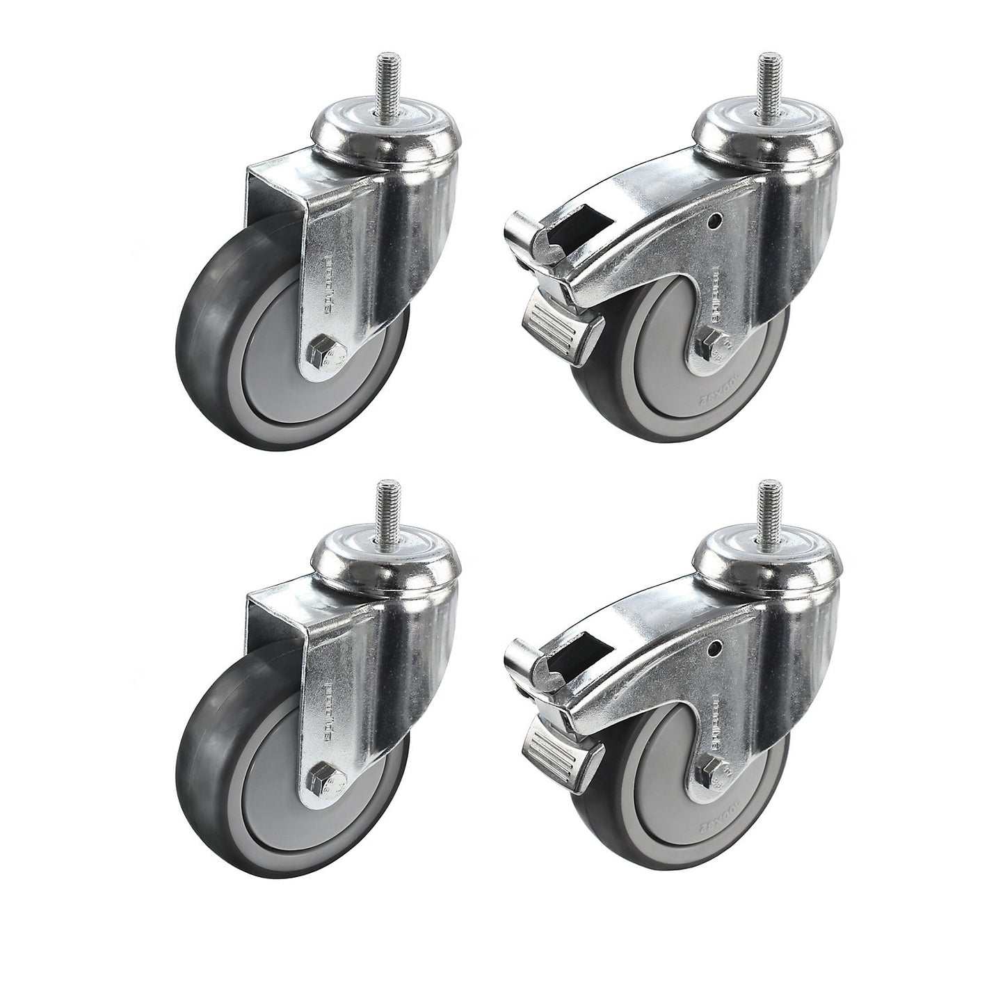Thermoplastic rubber tyre, set offer, 4 swivel castors, 2 with double stops, with threaded pin, wheel Ø x width 125 x 32 mm.