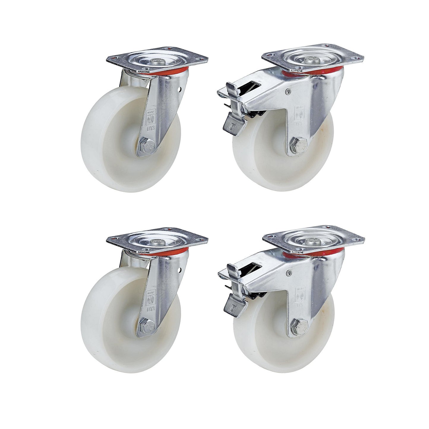 Nylon wheel, set, 2 swivel castors, 2 swivel castors with double stops, roller bearings, wheel Ø x width 125 x 38 mm.