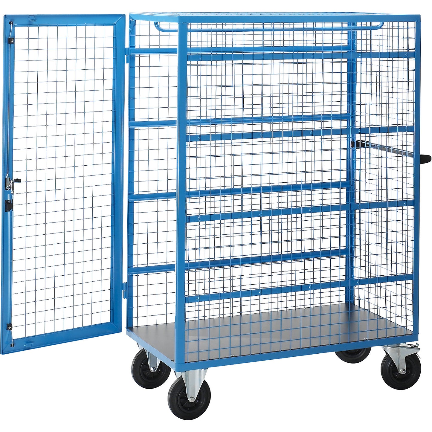 Mesh shelf truck, 4 rails for 12 x 50 litre stack/nest containers, 1 central rail for suspended transport, max. load 500 kg.
