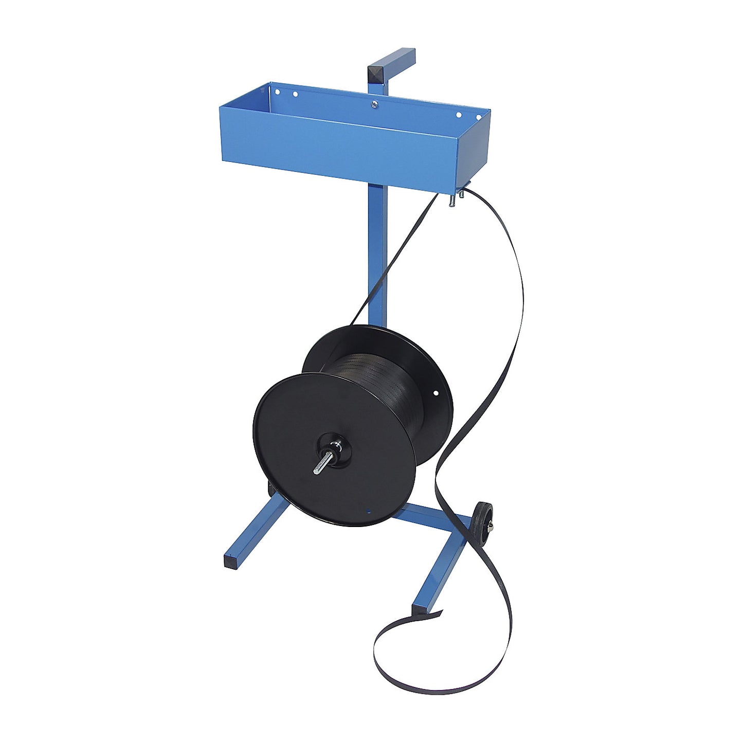Strap dispenser for PP strapping, for short rolls, strap width 13 - 16 mm, mobile, with storage compartment.
